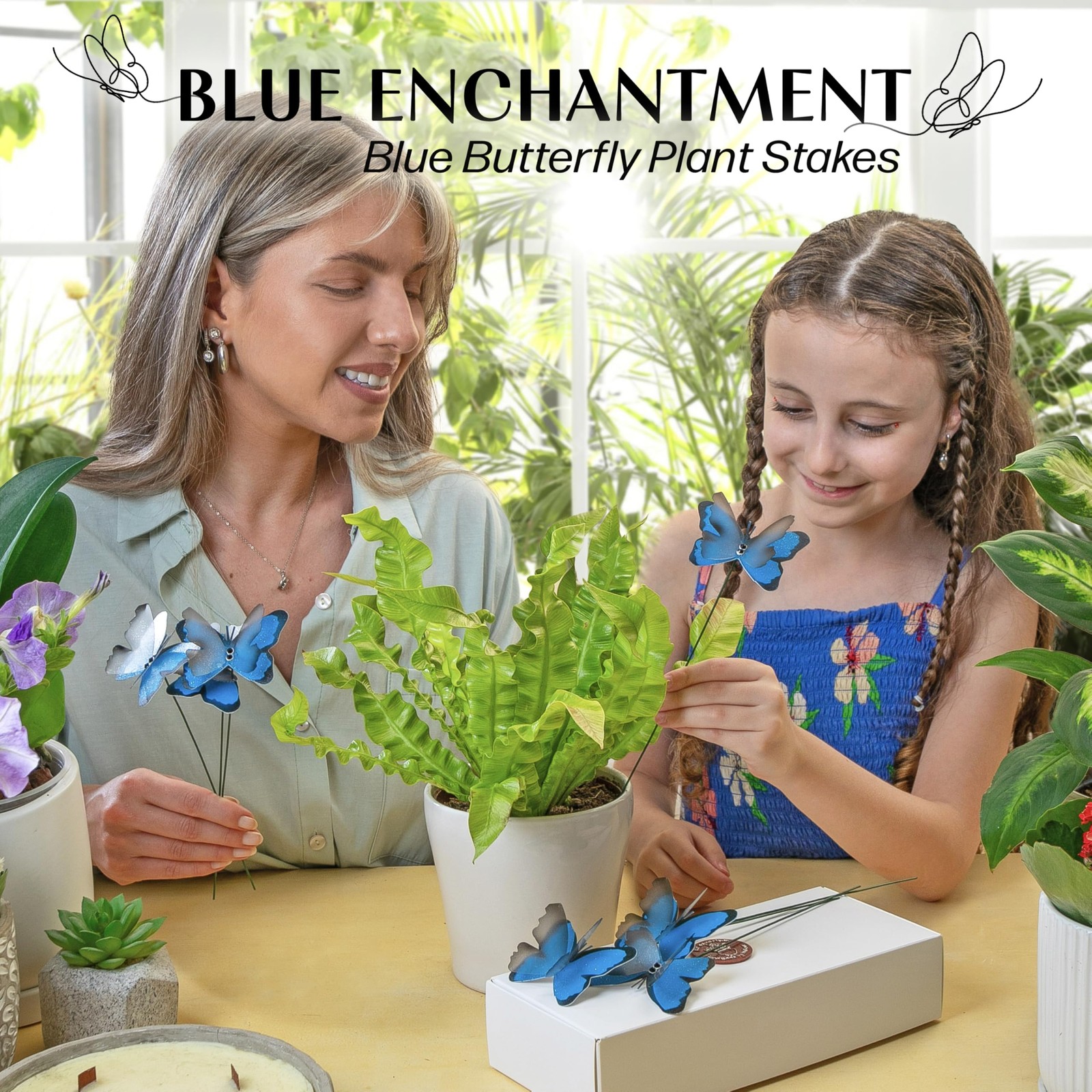 Handmade Blue Sky Butterfly Garden Stakes – Set of 7 Premium 3D Hand-Painted …
