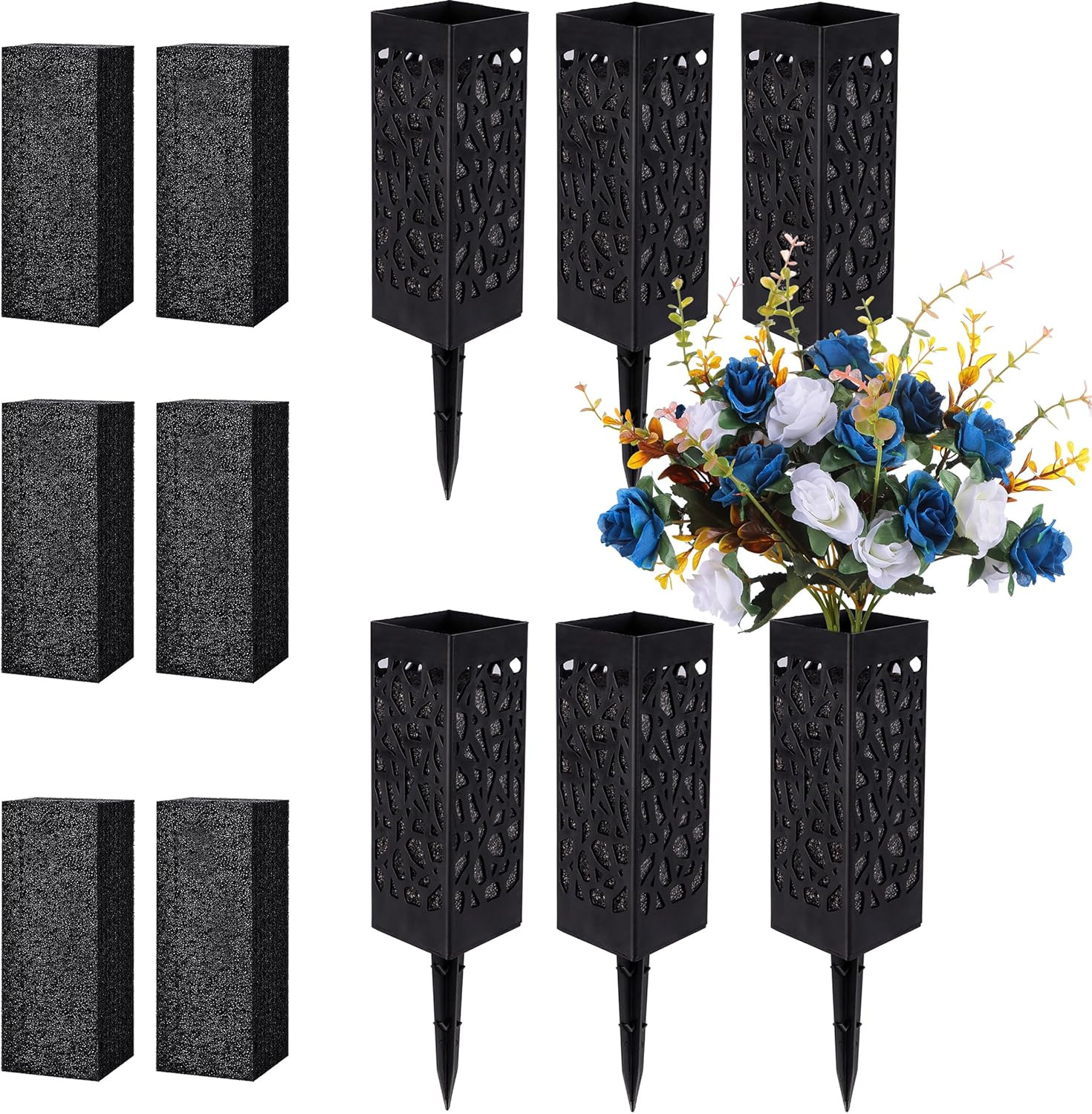 Cemetery Vases with Spikes and Foam – Cemetery Flower Holders with Black Drainag