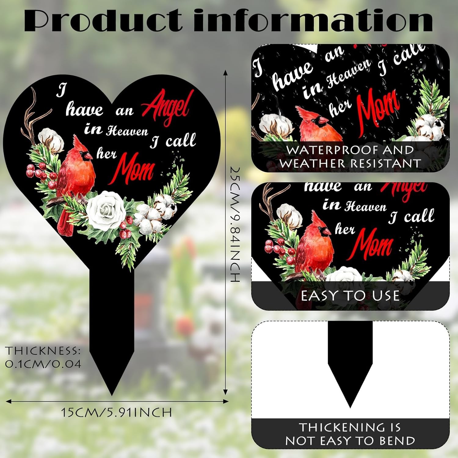 Memorial Gifts – Elegant Black Acrylic ‘Mom in Heaven’ Stake for Garden Decor