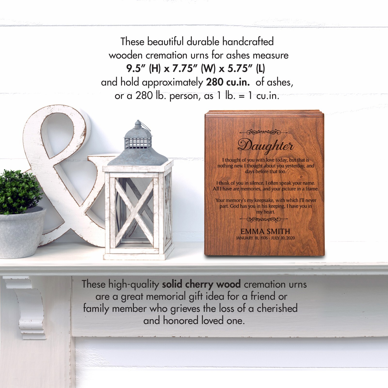Custom Wooden Economy Urn Box holds 280 cu in of Human Ashes 7.75×5.75 Daughter