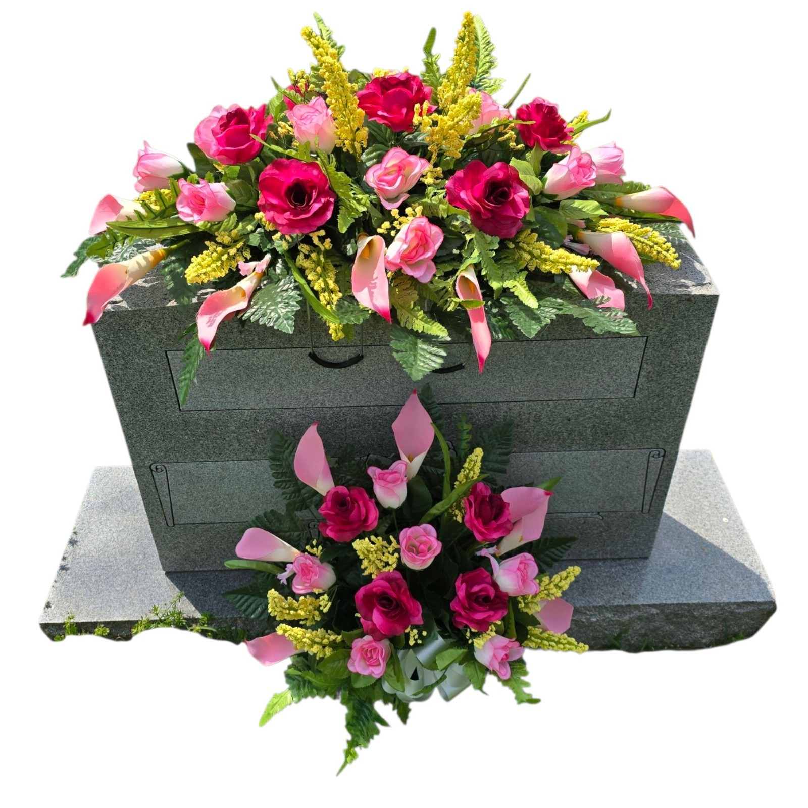 Beauty Pink Rose & Calla Lily Headstone Saddle with Cemetery Cone