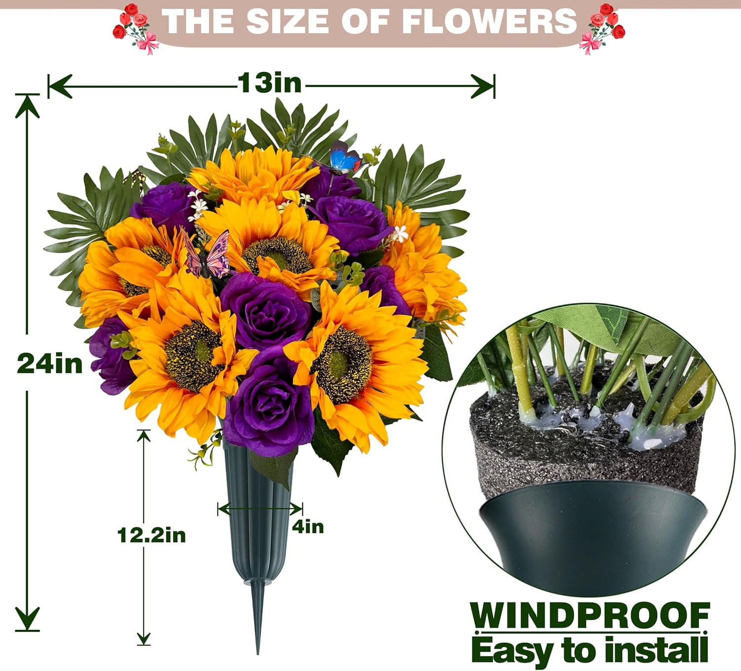 Vibrant Silk Sunflower & Rose Grave Saddle with 2 Bouquets – Purple/Yellow
