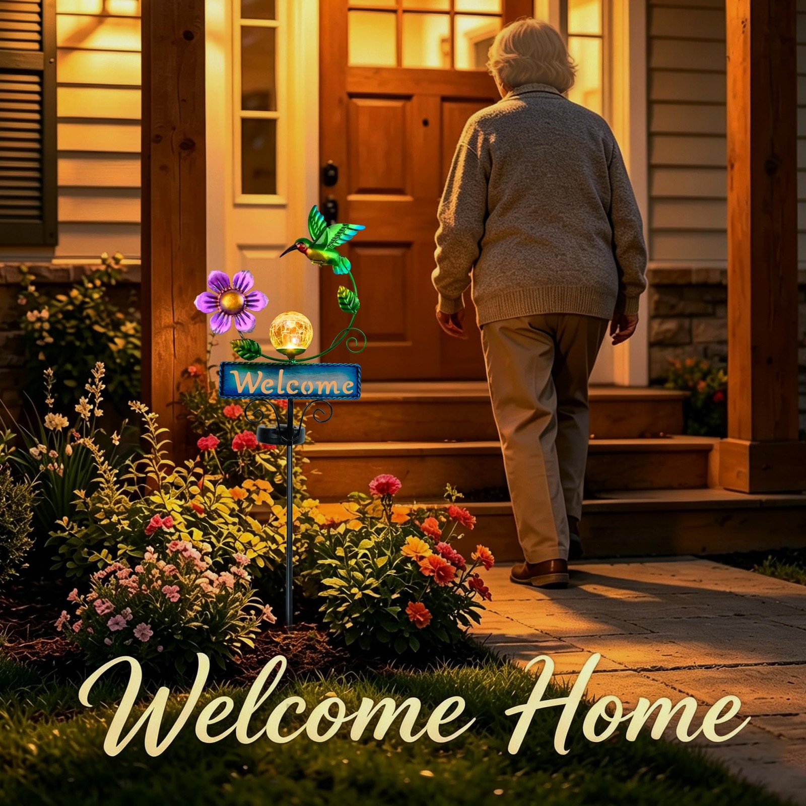 Solar Waterproof Hummingbird Welcome Sign Stake Lights for Patio Garden Pathway