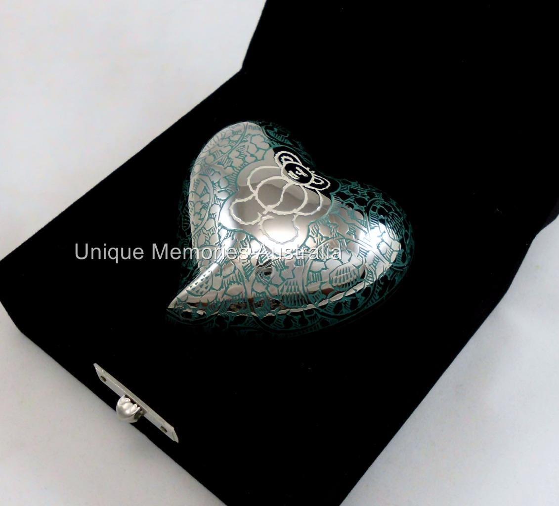 Brass Green Teal Teddy Bear Keepsake Heart Cremation Memorial Urn, Case & Stand
