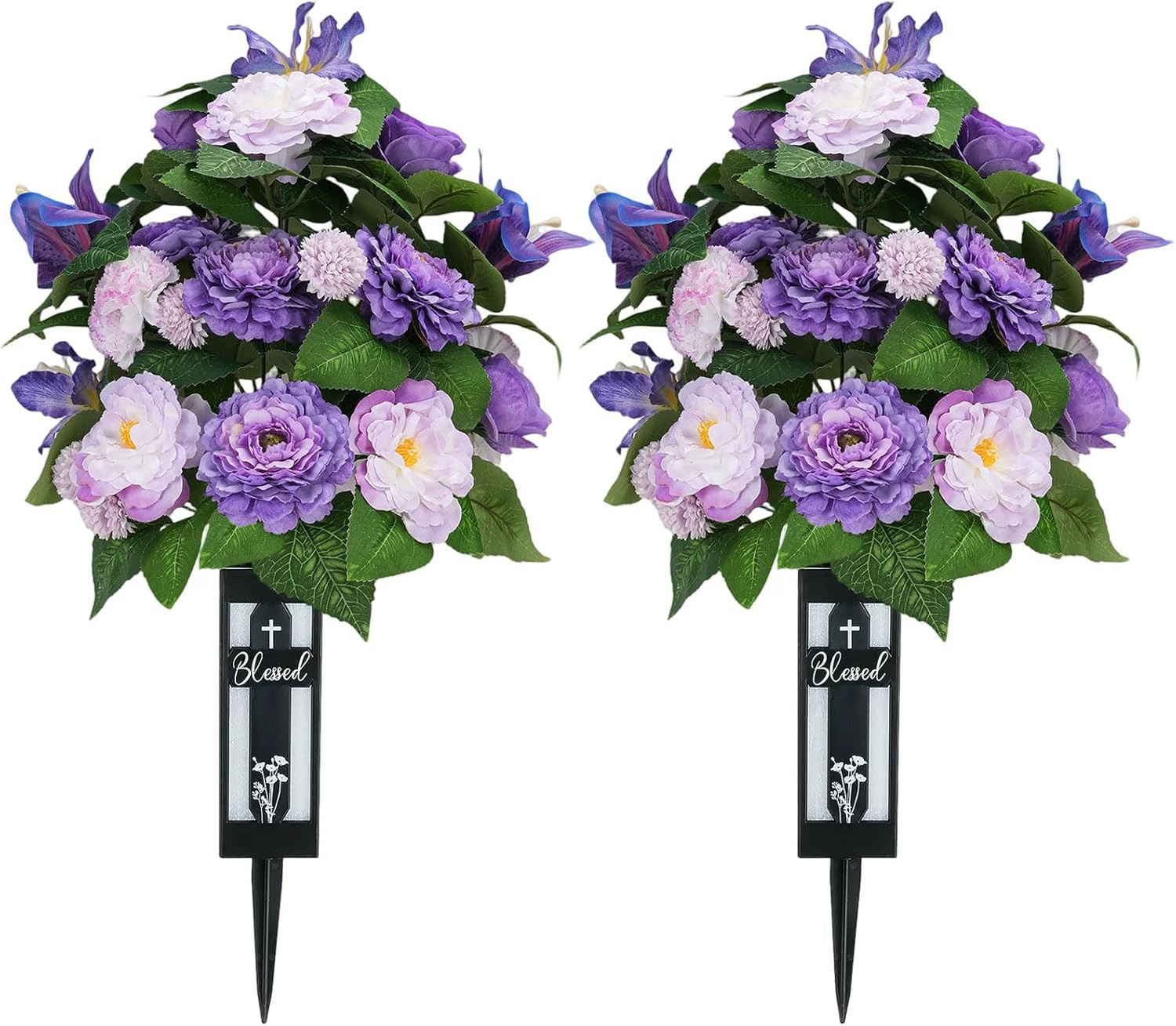 Silk Grave Flowers for Cemetery: 2 Pcs Purple Cemetery Flowers Grave Decorations