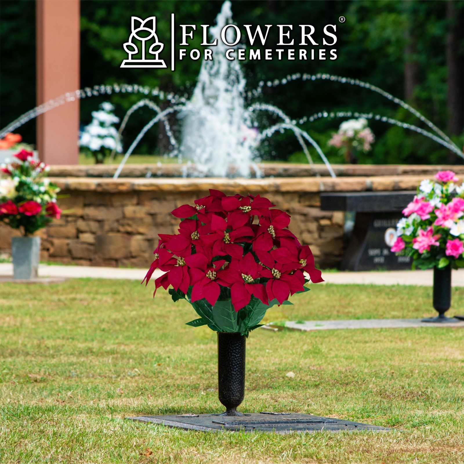 Artificial Cemetery Flowers – Red Poinsettias with Gold Glitter Bouquet