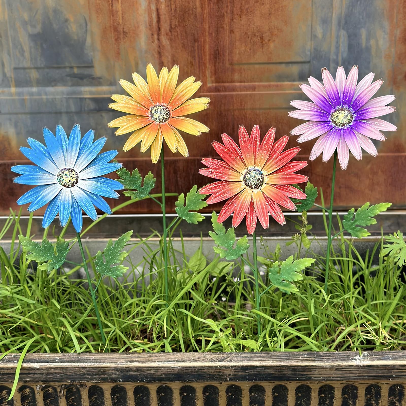 Decorative Metal Flowers for Garden – 4 Pack Outdoor Stakes, 16.5 Inch
