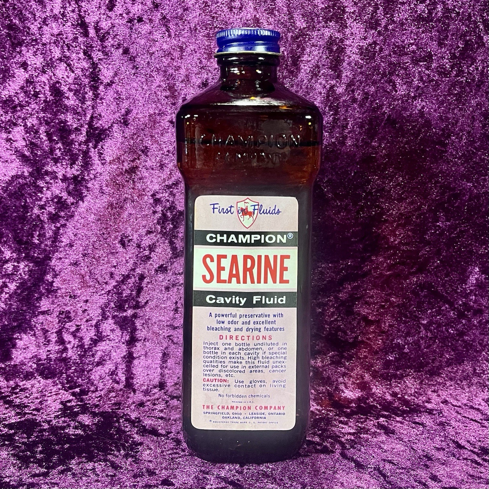 Champion Searine Embalming Fluid Glass Bottle FULL Vintage Mortuary Funeral