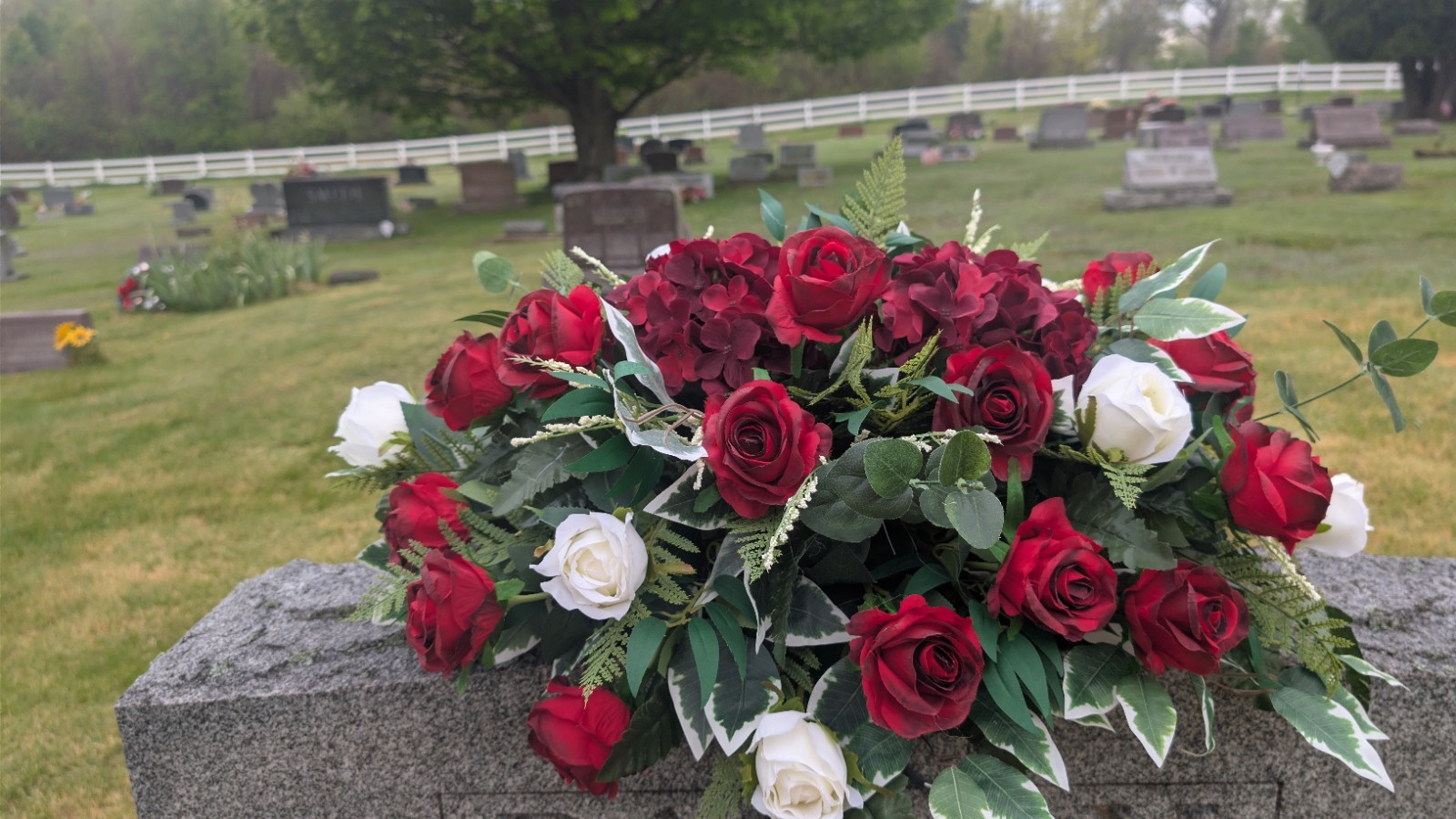 Red and white Sweetheart Roses headstone saddle-Memorial day Grave Saddle