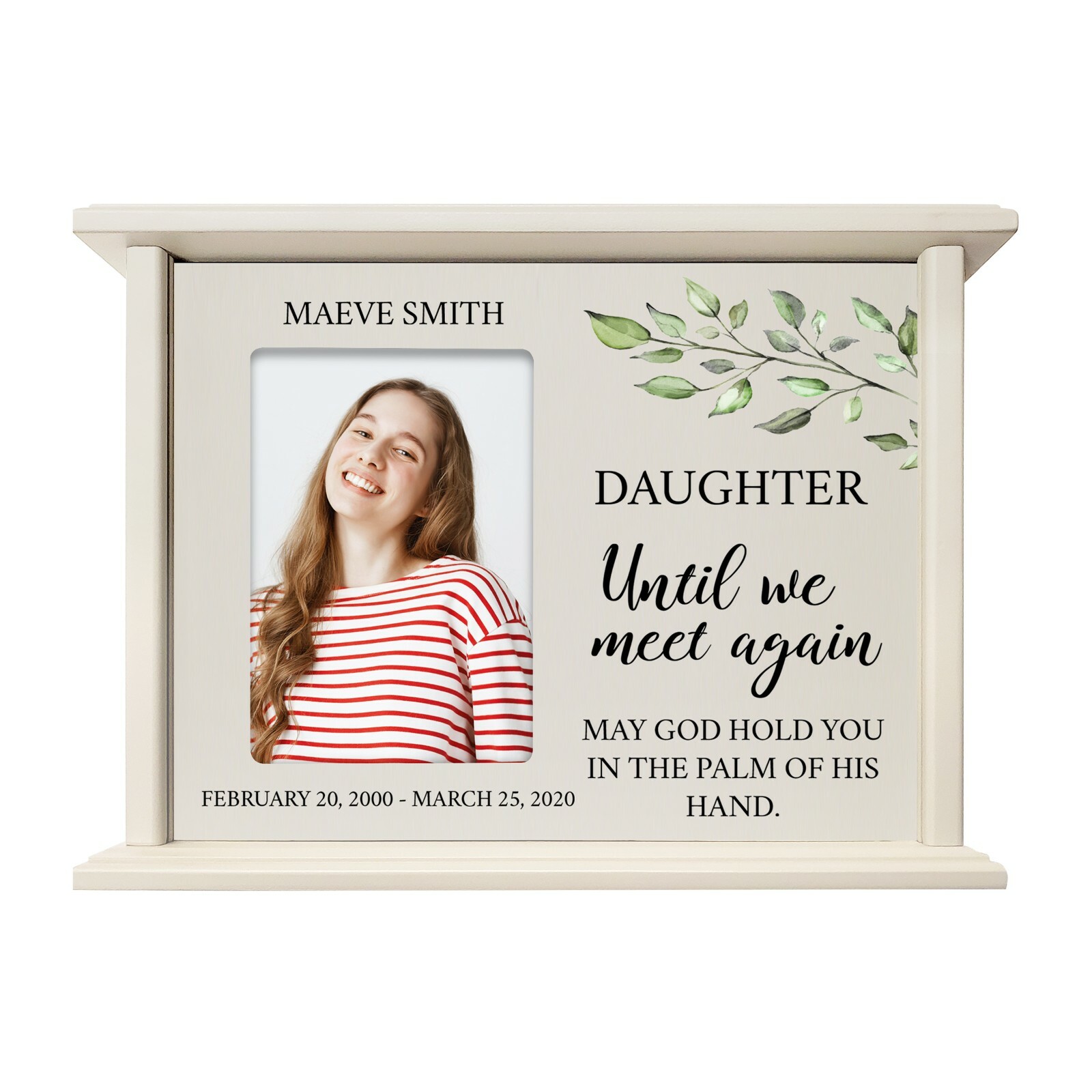 Custom Cremation Urn Box Holds 200 cu in w/ 4×6 Photo – Until We Meet (Daughter)