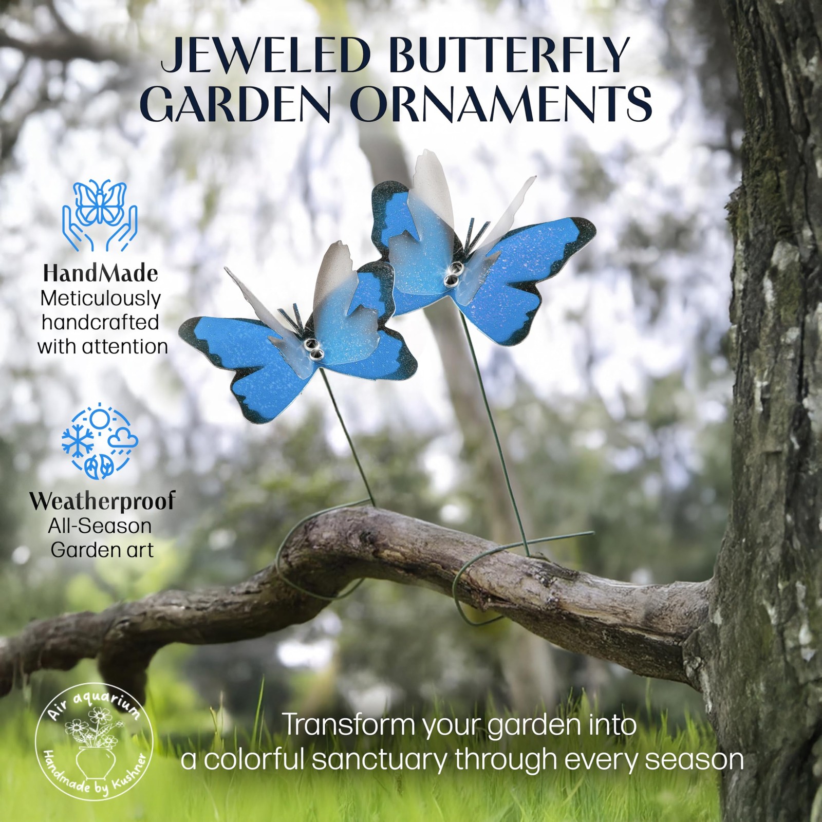 Handmade Blue Sky Butterfly Garden Stakes – Set of 7 Premium 3D Hand-Painted …