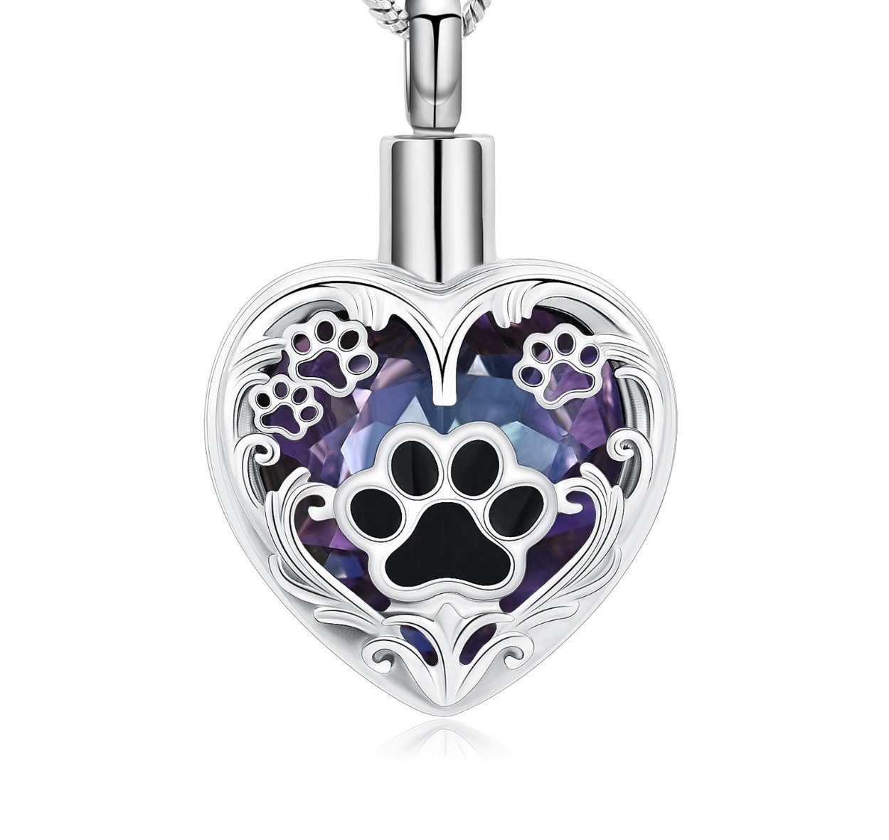 Keyring Urn .5″ Key Chain Pawprints Pet Cremation Pendant Ashes Dog Cat Purple