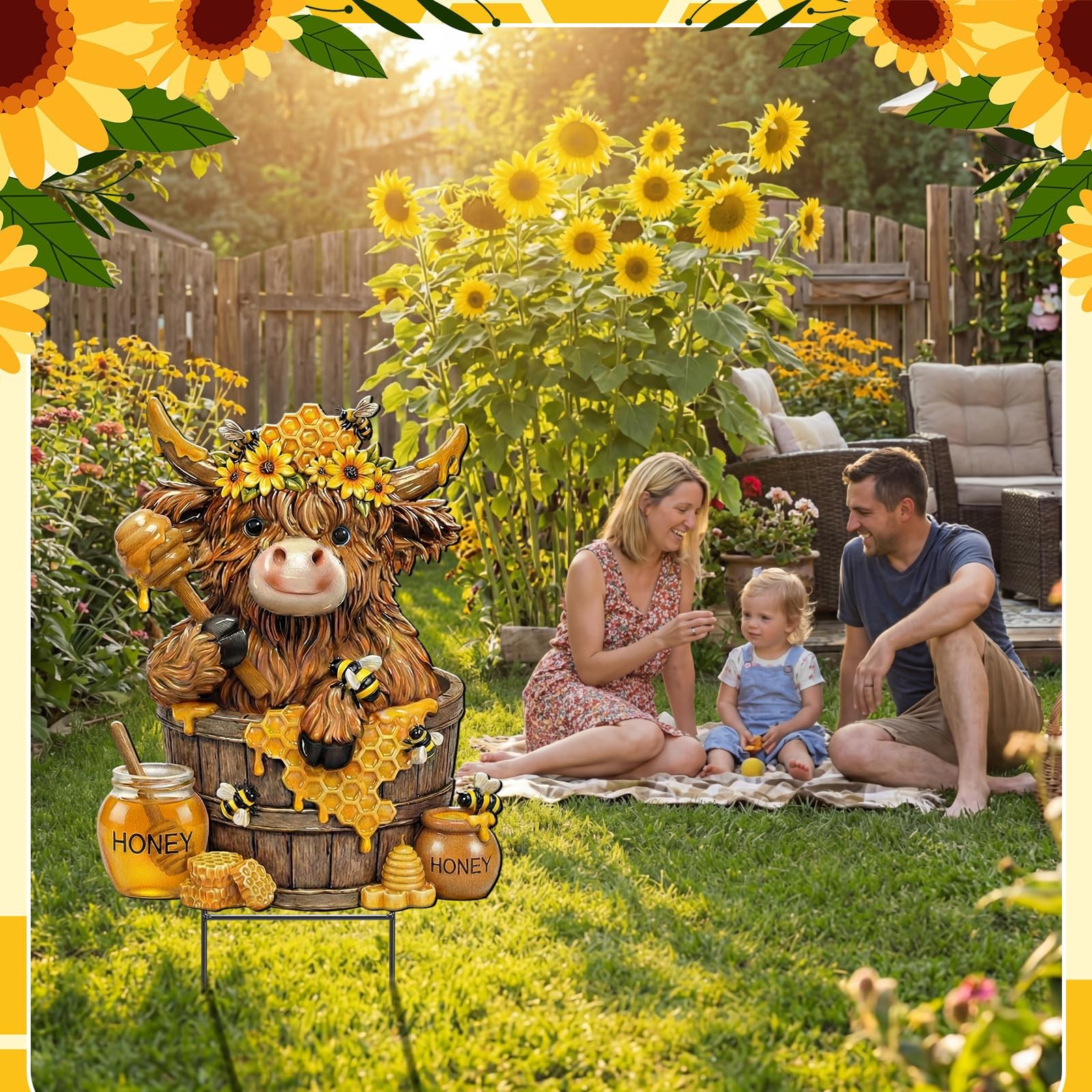 Bee Highland Cow Outdoor Decor Honeybee Cow Metal Garden Stakes Decorative Ru…