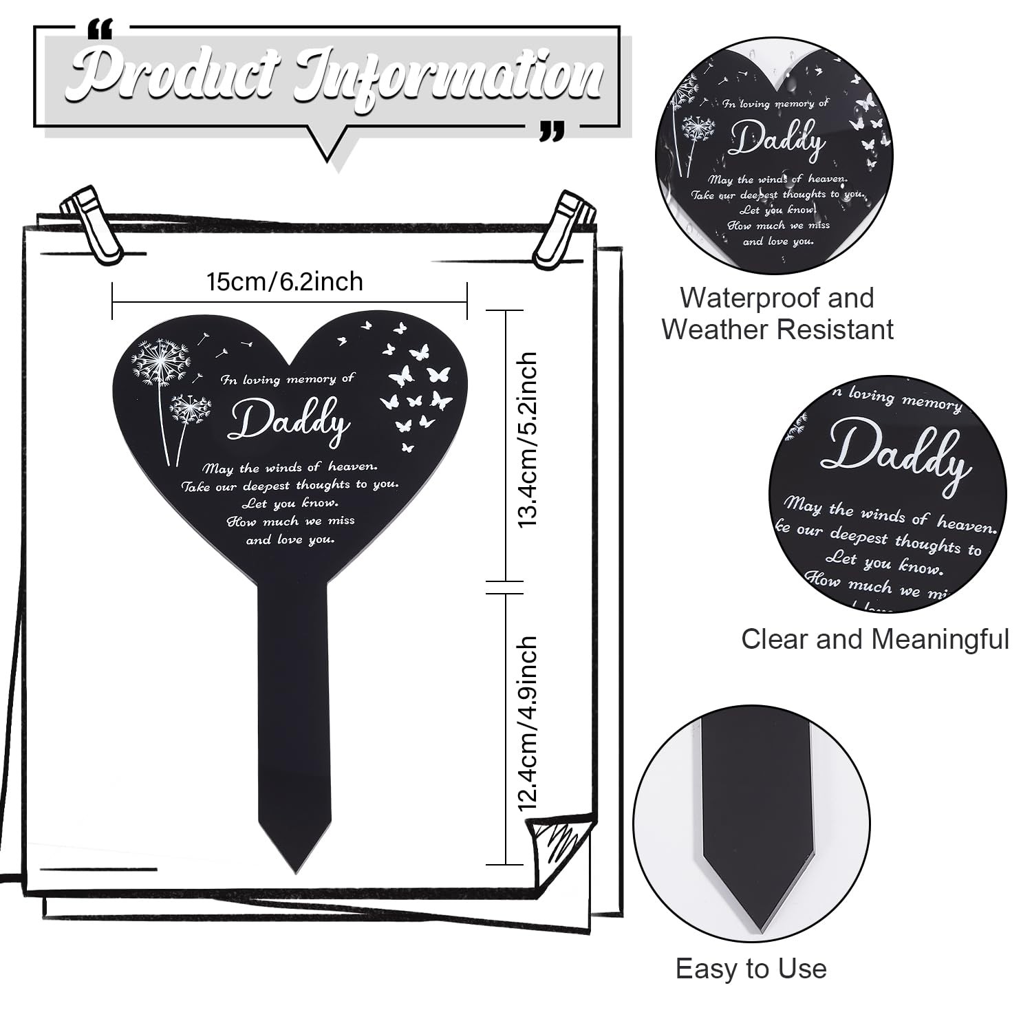 Heart Shaped Garden Stake for Daddy Memorial Remembrance Plaque Stakes for Ce…