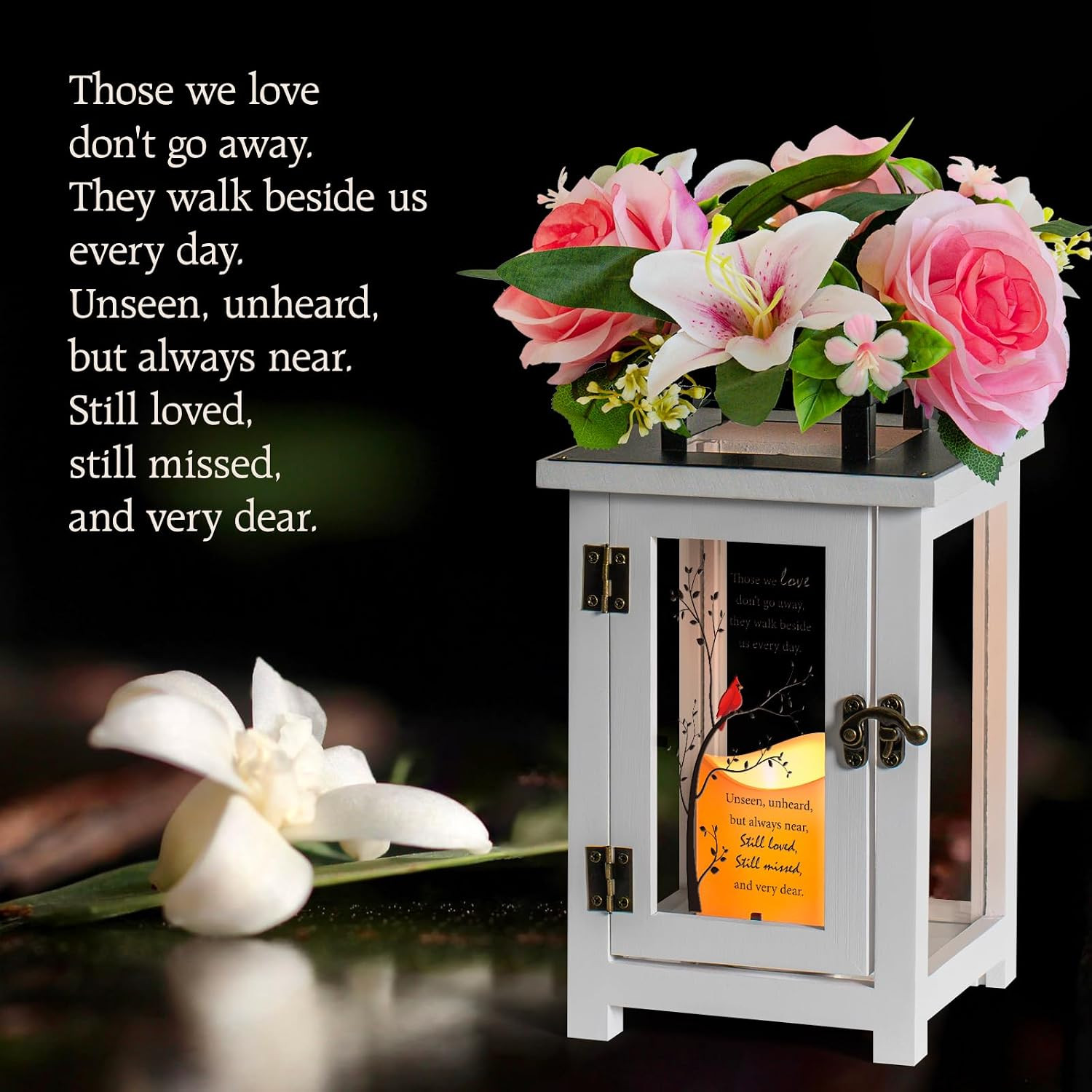 Memorial Lantern with Sympathy Lily Rose Flowers, Sympathy Lantern Bereavement G