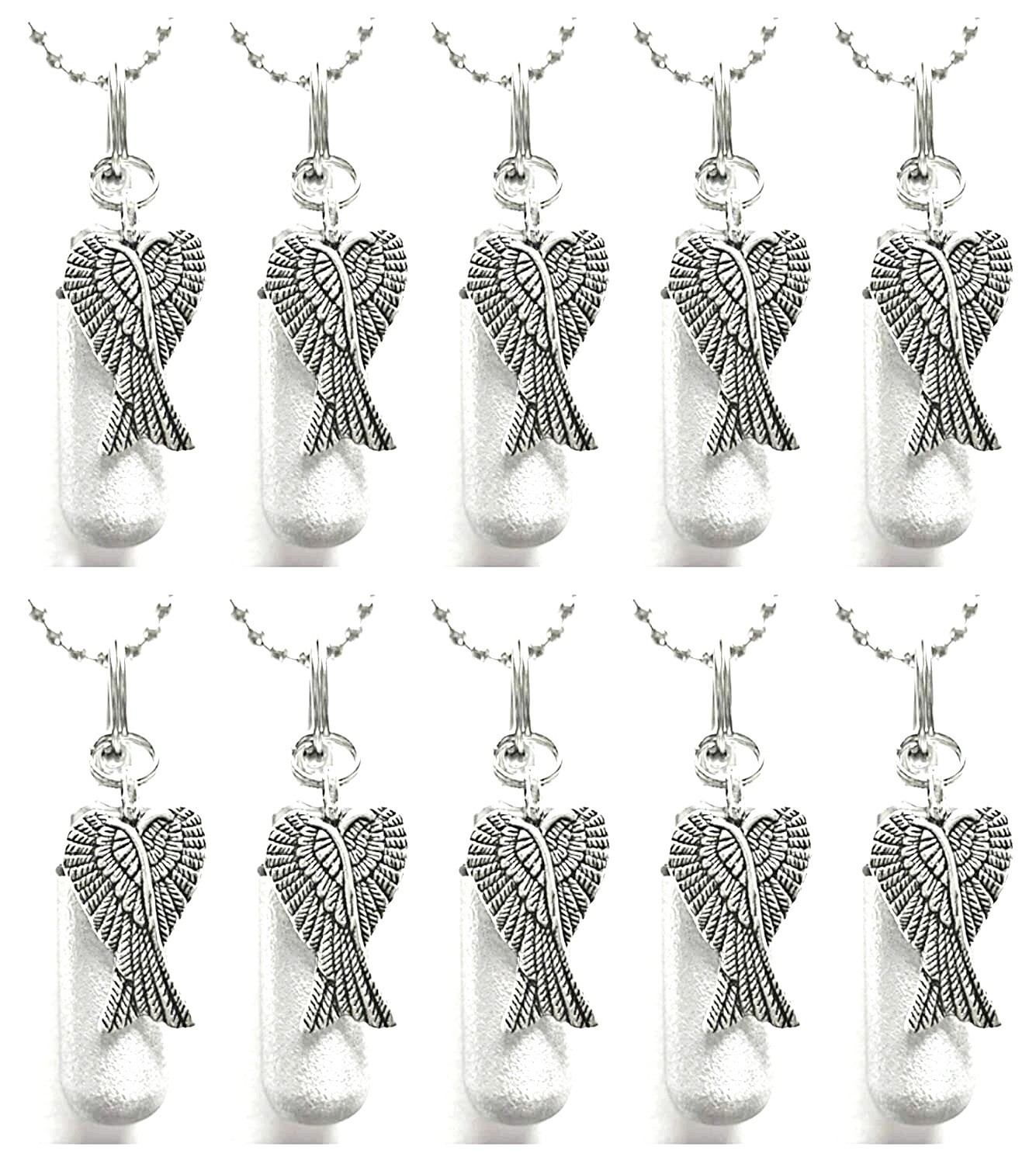 Set of 10 Brushed Silver Angel Wings CREMATION URNS w/Pouches, Chains, Fill Kit
