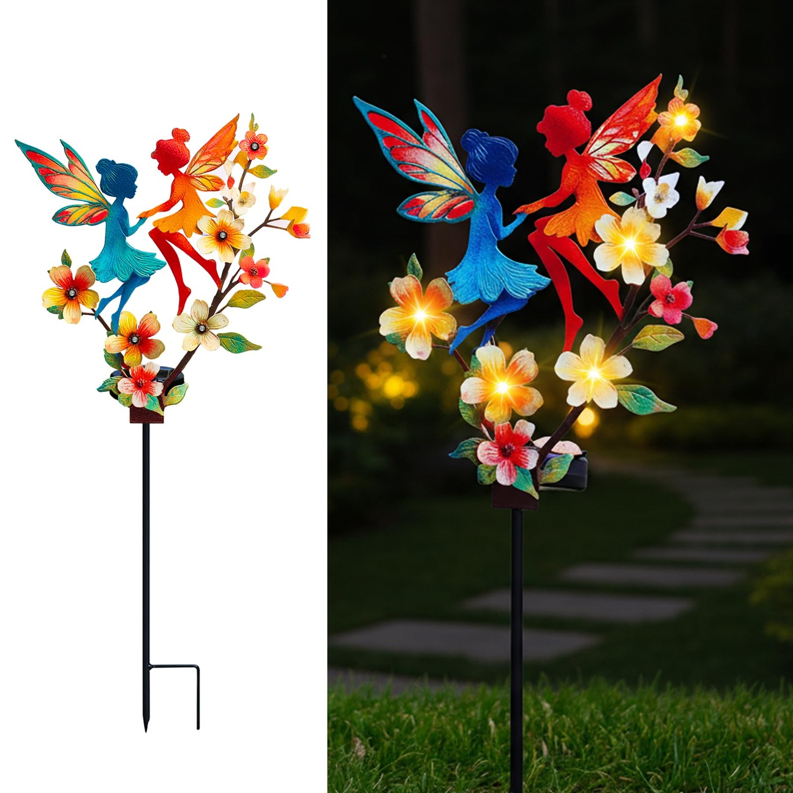 Solar Fairy Garden Stakes – Metal Whimsical Yard Art Decor, Warm LED Lights W…