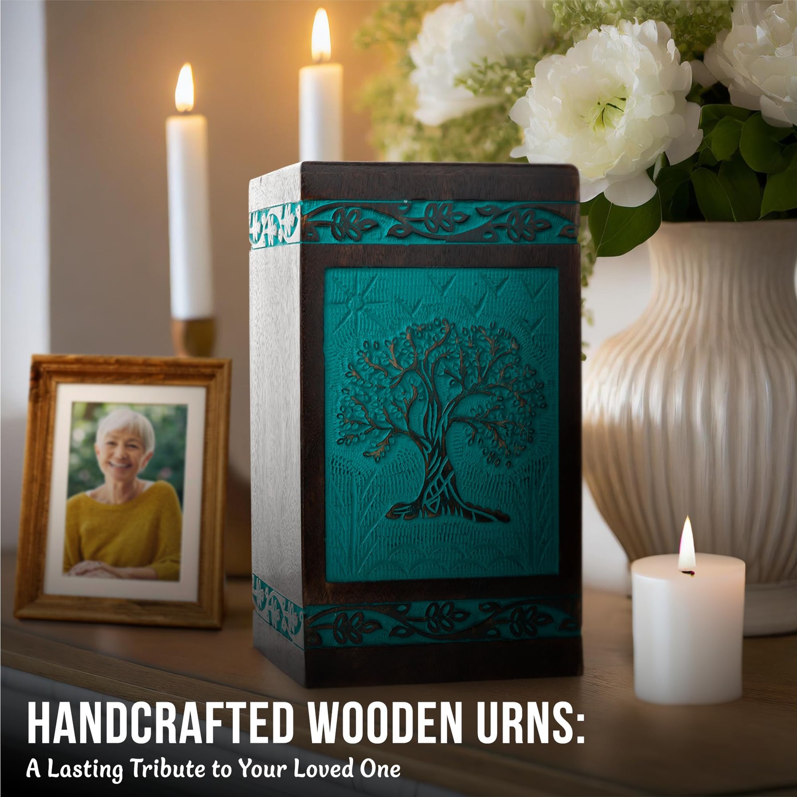 INTAJ Wooden Cremation Urns for Human Ashes – Medium (115 lbs), Teal Green