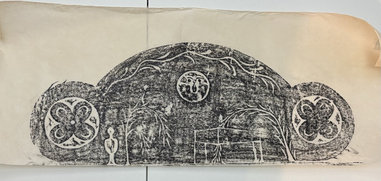 Americana Gravestone Rubbing of Early Old New England Tombstone Willow Tree Moon