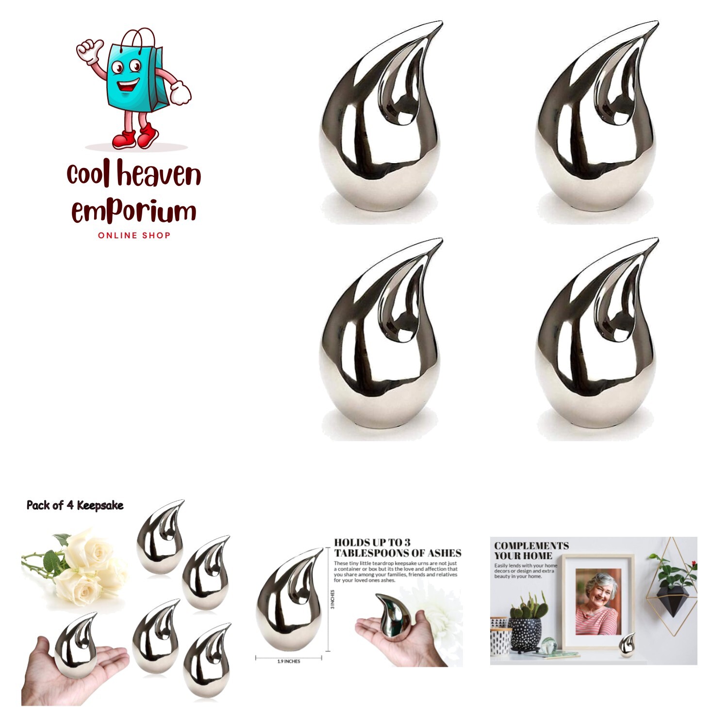 Set of 4 Unique Silver Teardrop Small Cremation Urns for Human Ashes Adult fo…