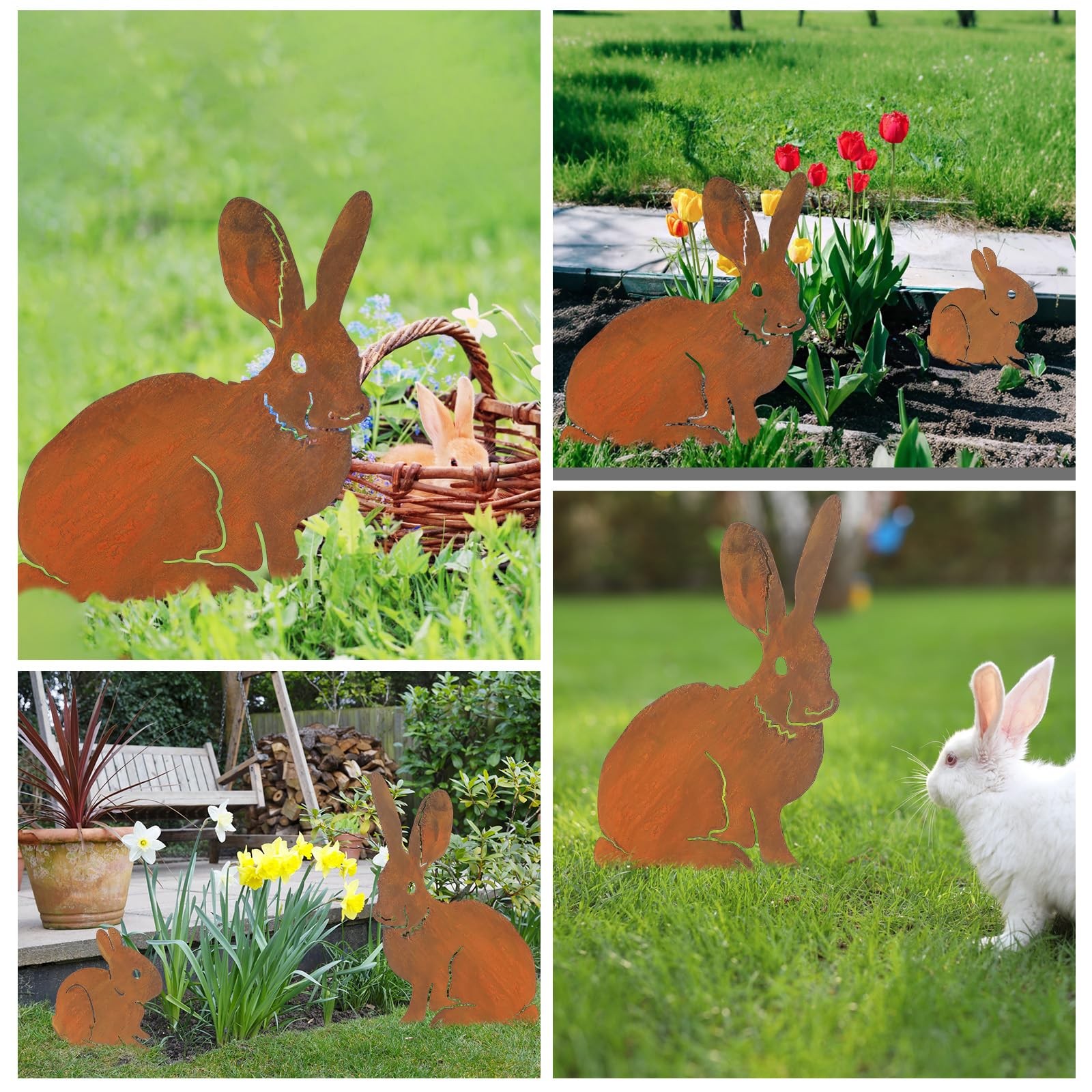 2 Pack Mama and Baby Bunny Garden Stake, Metal Bunny Statue Realistic Long Ea…