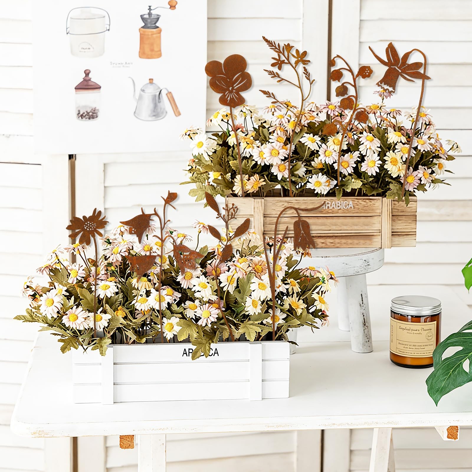 RumonZS 9 Pcs Rusty Metal Flowers Rustic Spring Plants Rusty Metal Garden Sta