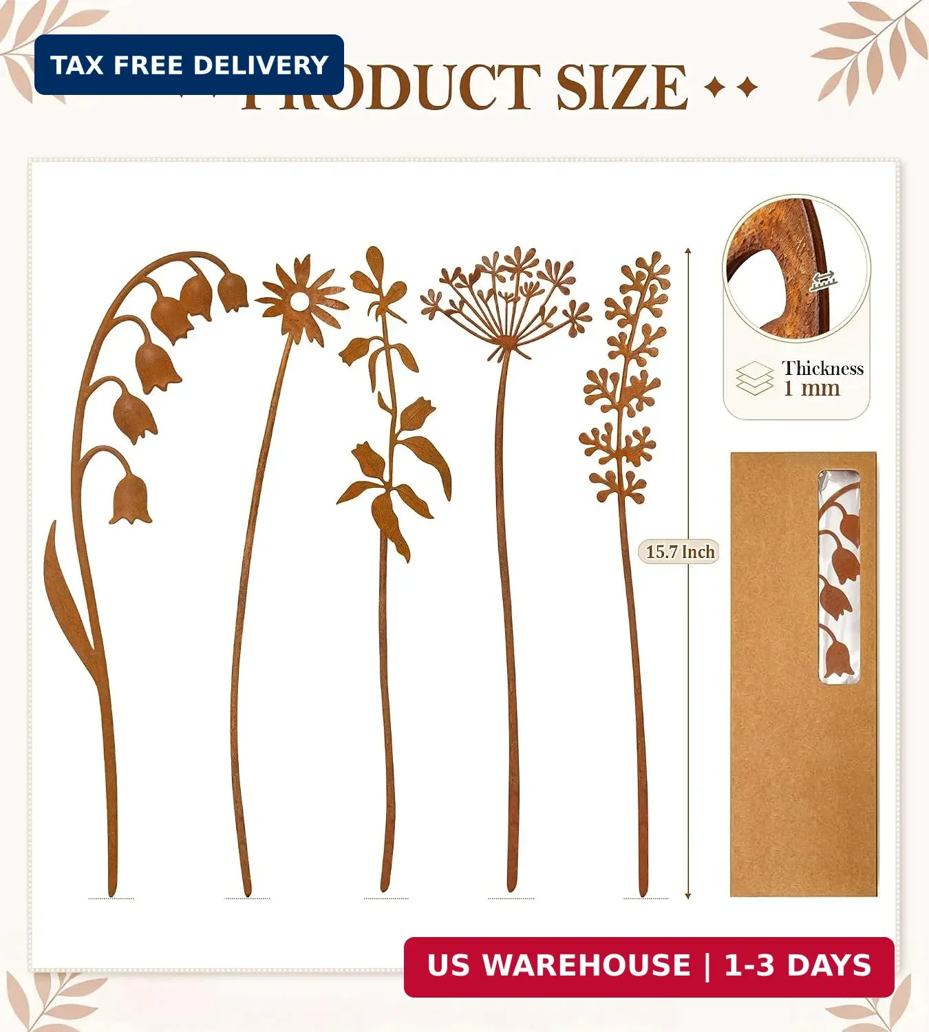 VIS’V Metal Decorative Garden Stakes, 15.7 Inch Rusty Flower Plant Yard Art Stak