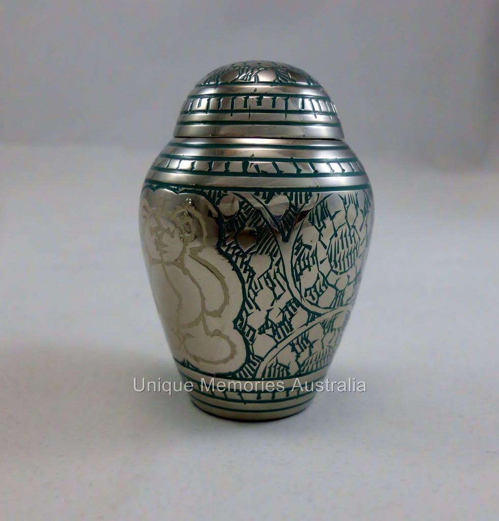 3″ Solid Brass Teal Teddy Bear Cremation Memorial Keepsake Urn + Velvet Case NIB