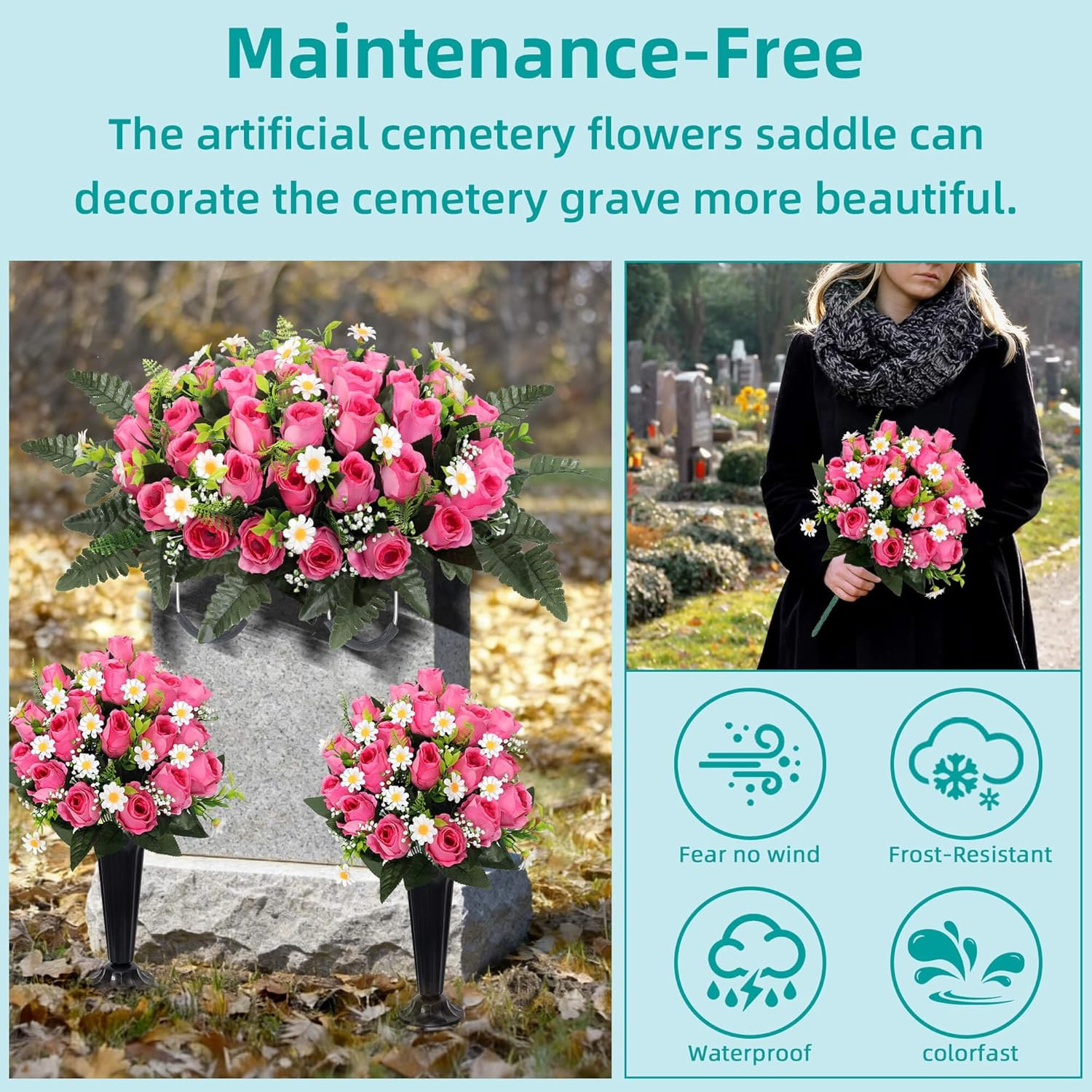 Elegant Pink Silk Flower Saddle with Vases – 3 Sets for Grave Decoration