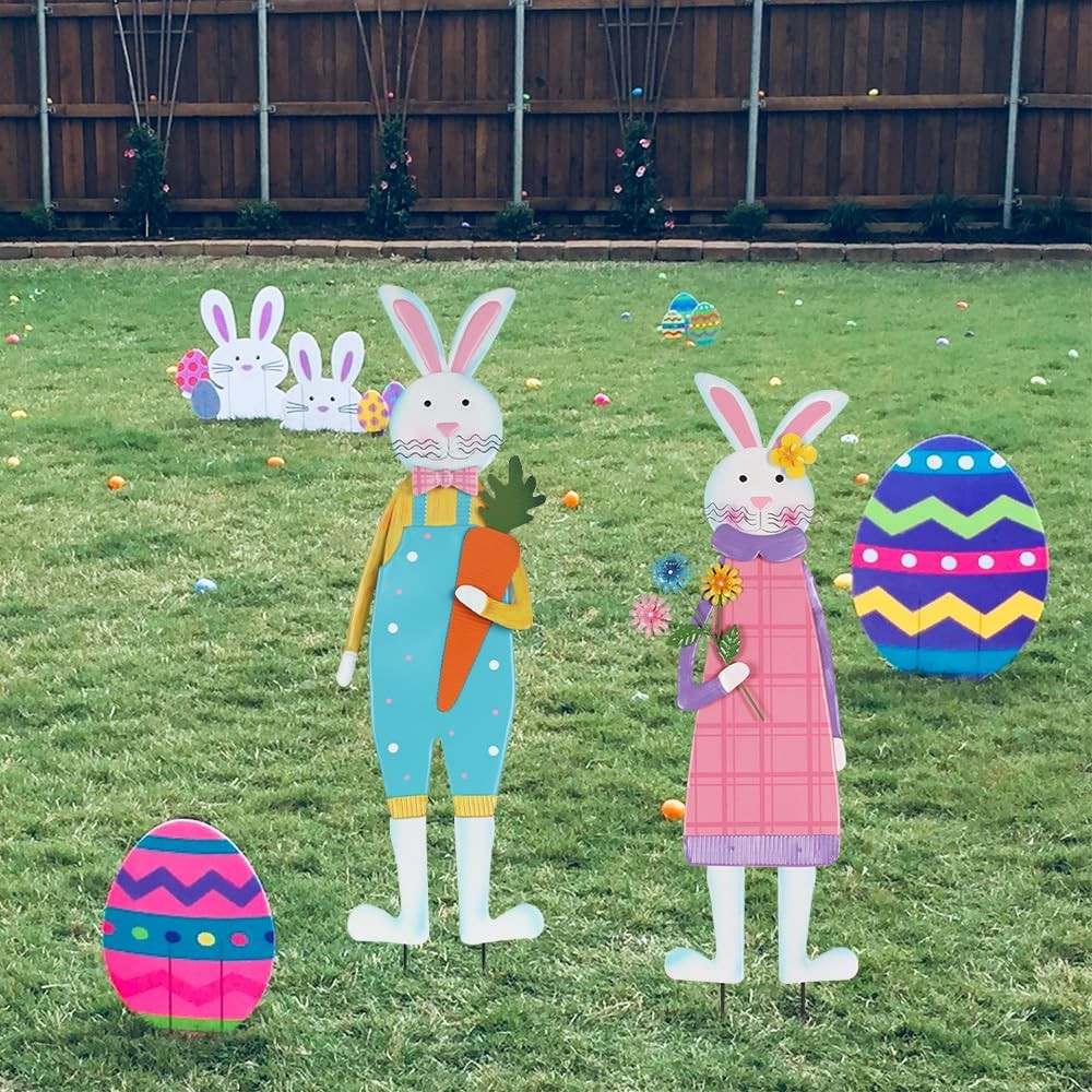 Easter Decorations Outdoor, Set of 2 Metal Bunny Decorative Garden Stakes for…