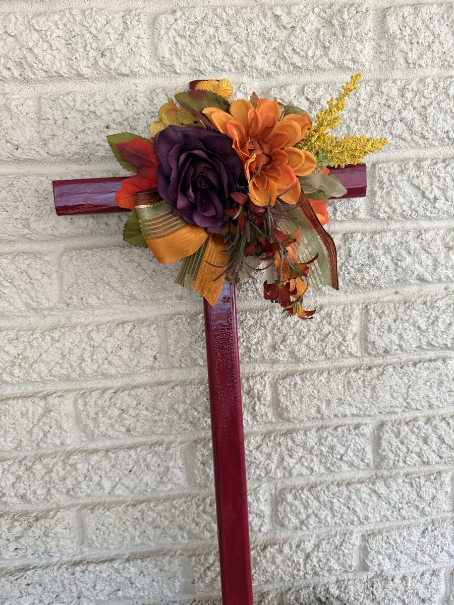 Fall Cemetery Cross Decoration, Autumn Floral Memorial Grave Arrangement 24”