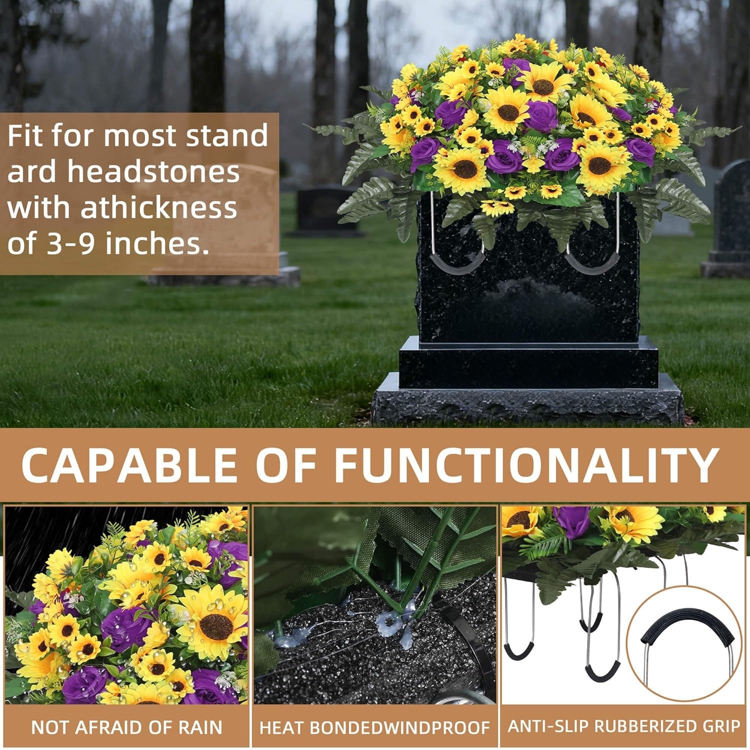 Lodou Artificial Cemetery Flowers for Grave,Headstone Flower Saddle Silk Sunflow