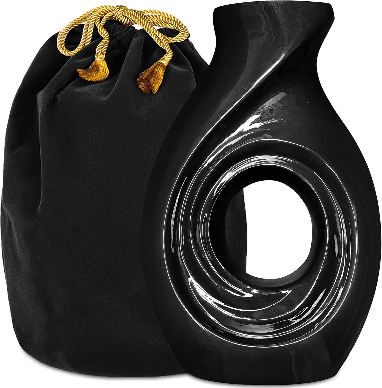 Modern Adult Cremation Urn for Human Ashes, Secure Closure, 14″Hx9″W, Black
