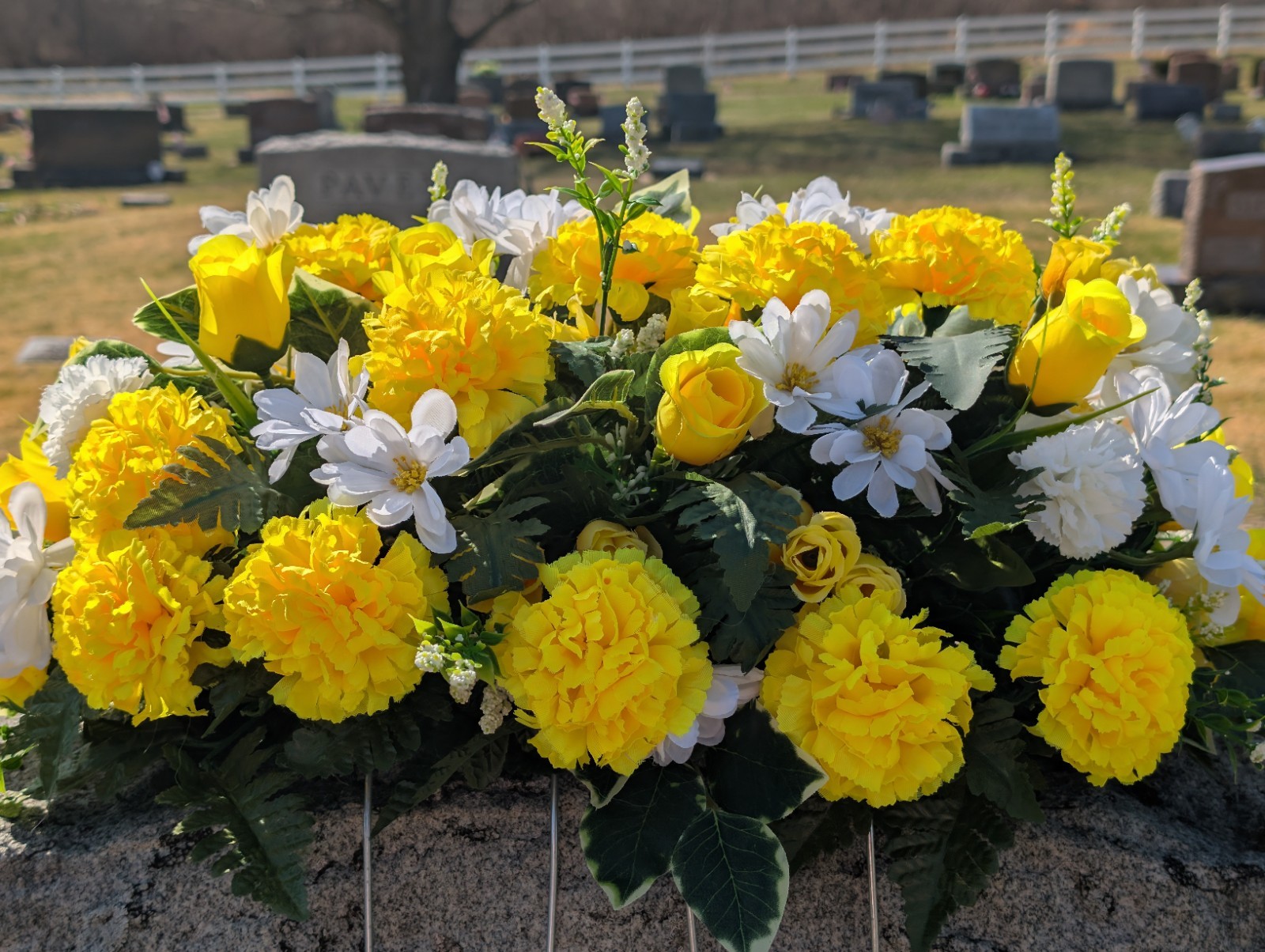 Yellow and White Cemetery Saddle Vase Set, Carnations Headstone Saddle