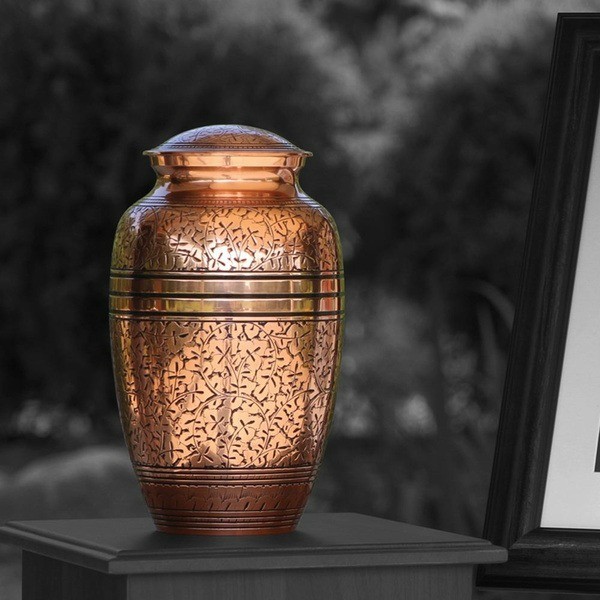 New, Solid Brass Copper Oak Large Funeral Cremation Urn, 195 Cubic Inches