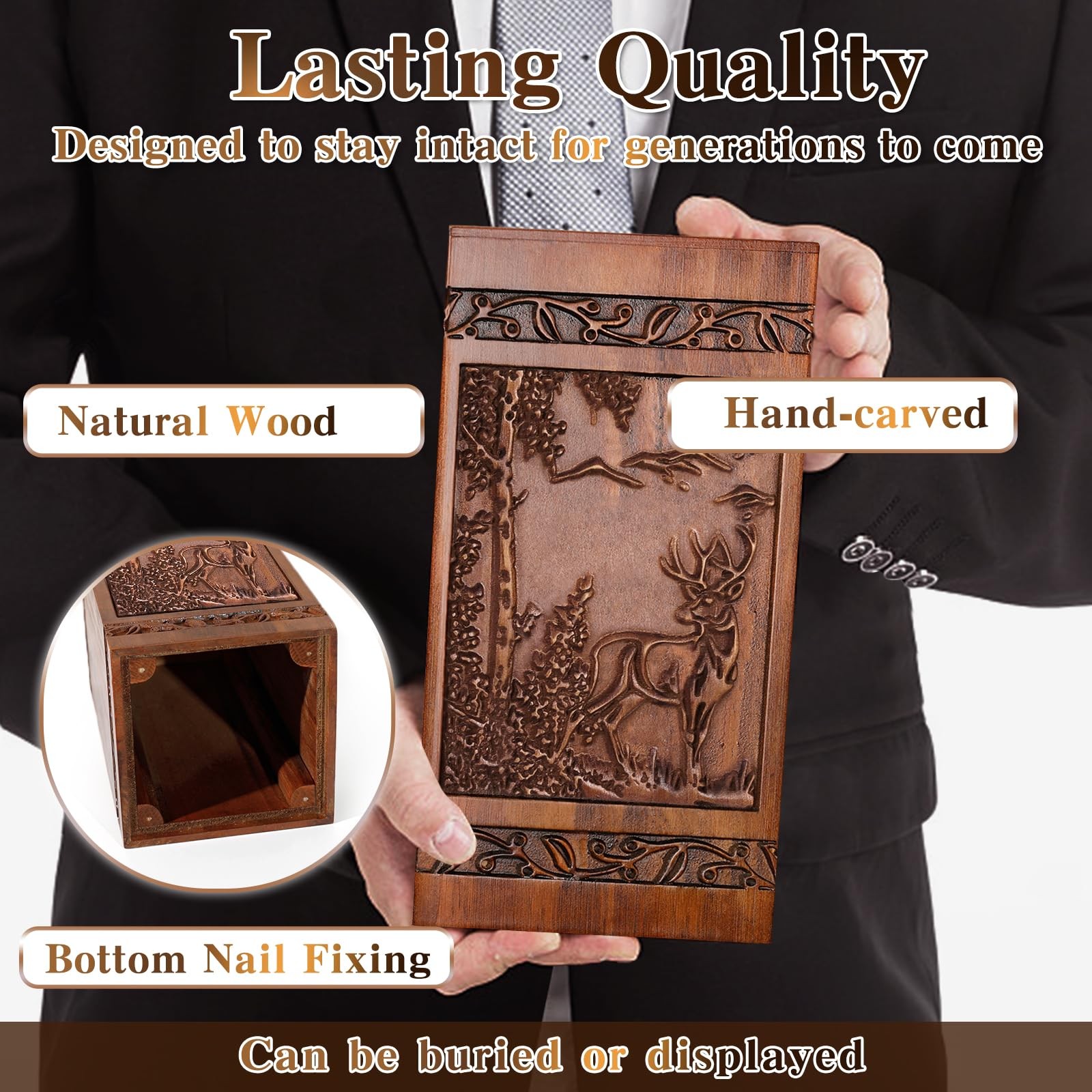 Wooden Cremation Urn for Human Wood Ashes Engraved Deer Decorative Funeral Ur…