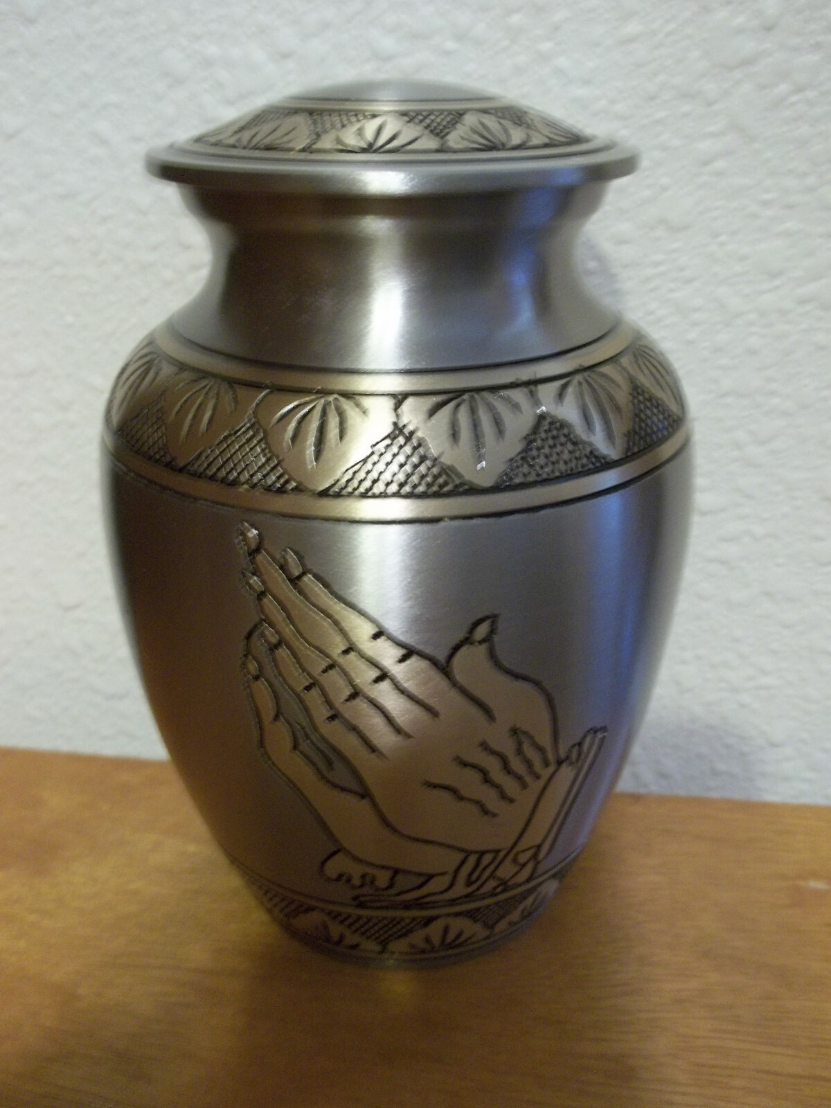 Pewter Athena w/Blk&Bronze Stylized Praying Hands~Brass Urn~6″~ 40 Lbs~Imperfect