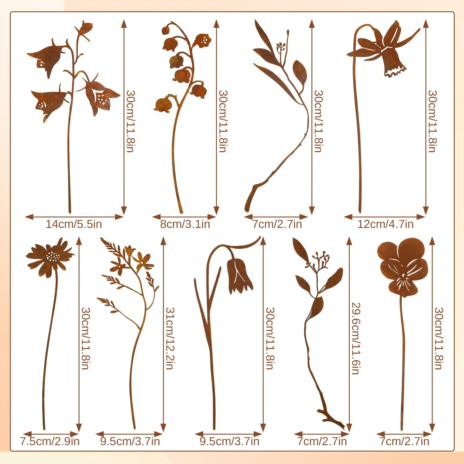 RumonZS 9 Pcs Rusty Metal Flowers Rustic Spring Plants Rusty Metal Garden Sta
