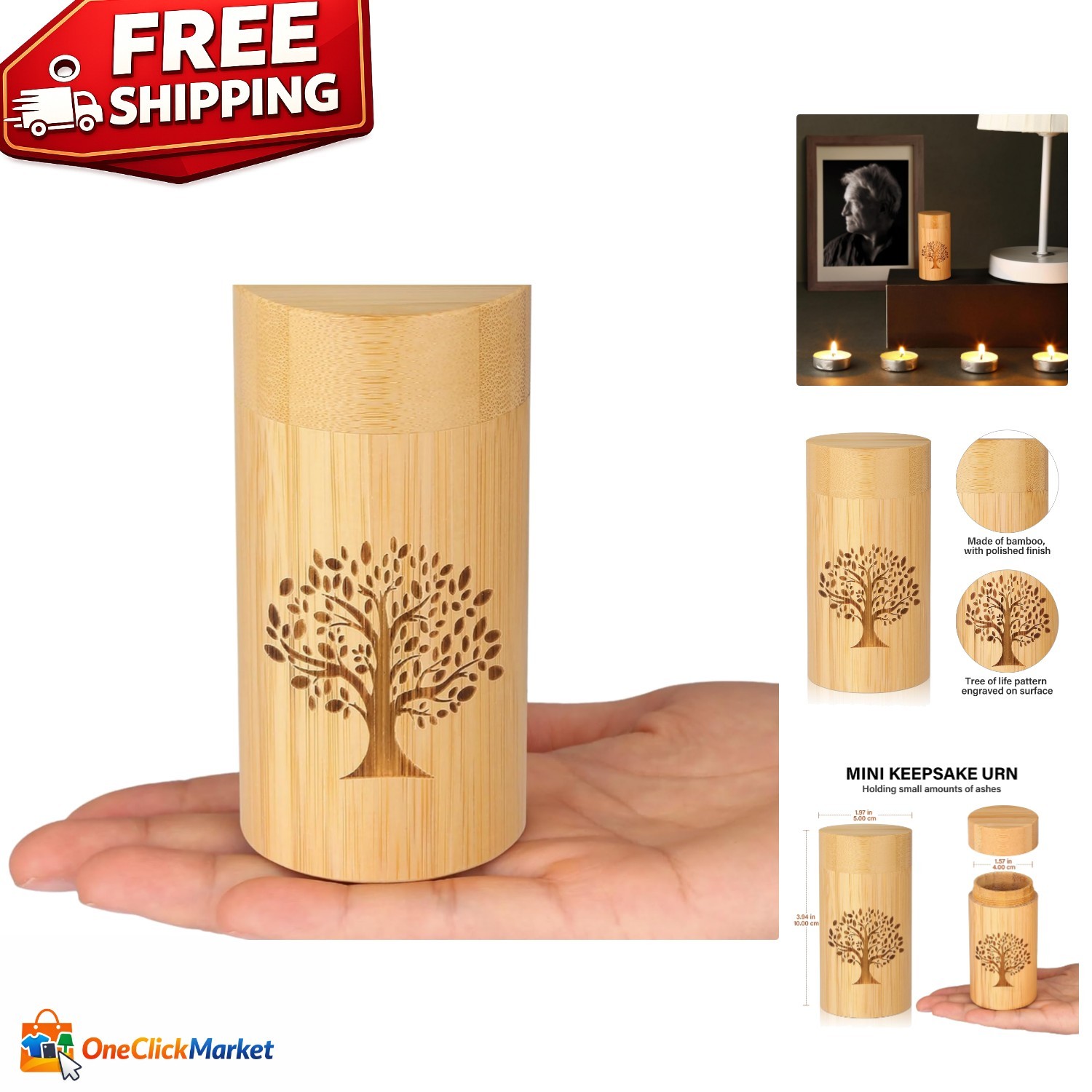 Beautiful 7.5 Cubic Inches Keepsake Urn with Tree of Life – Bamboo Cremation Urn