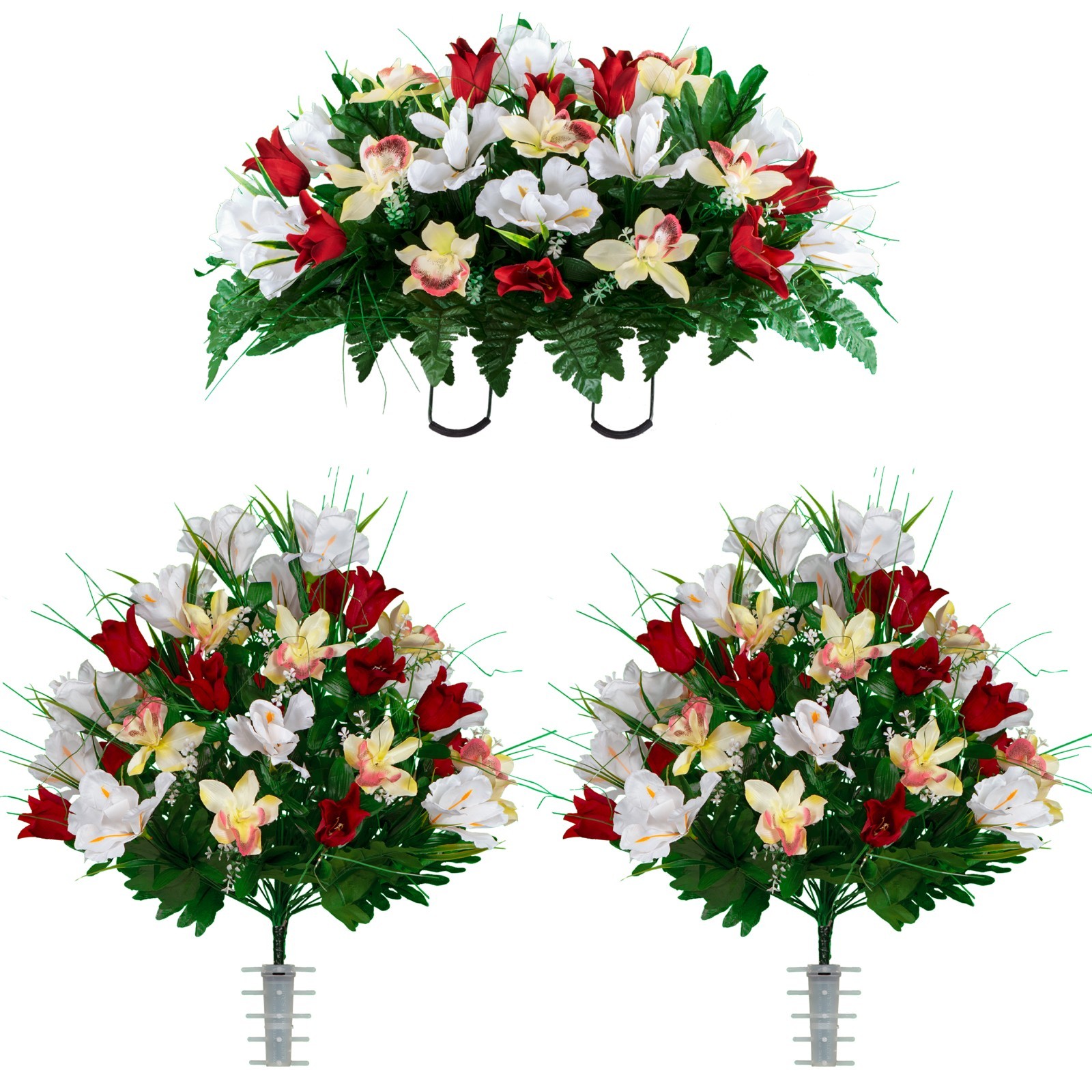 Artificial Cemetery Flowers – Red Tulips and White Iris Saddle and 2 Bouquets