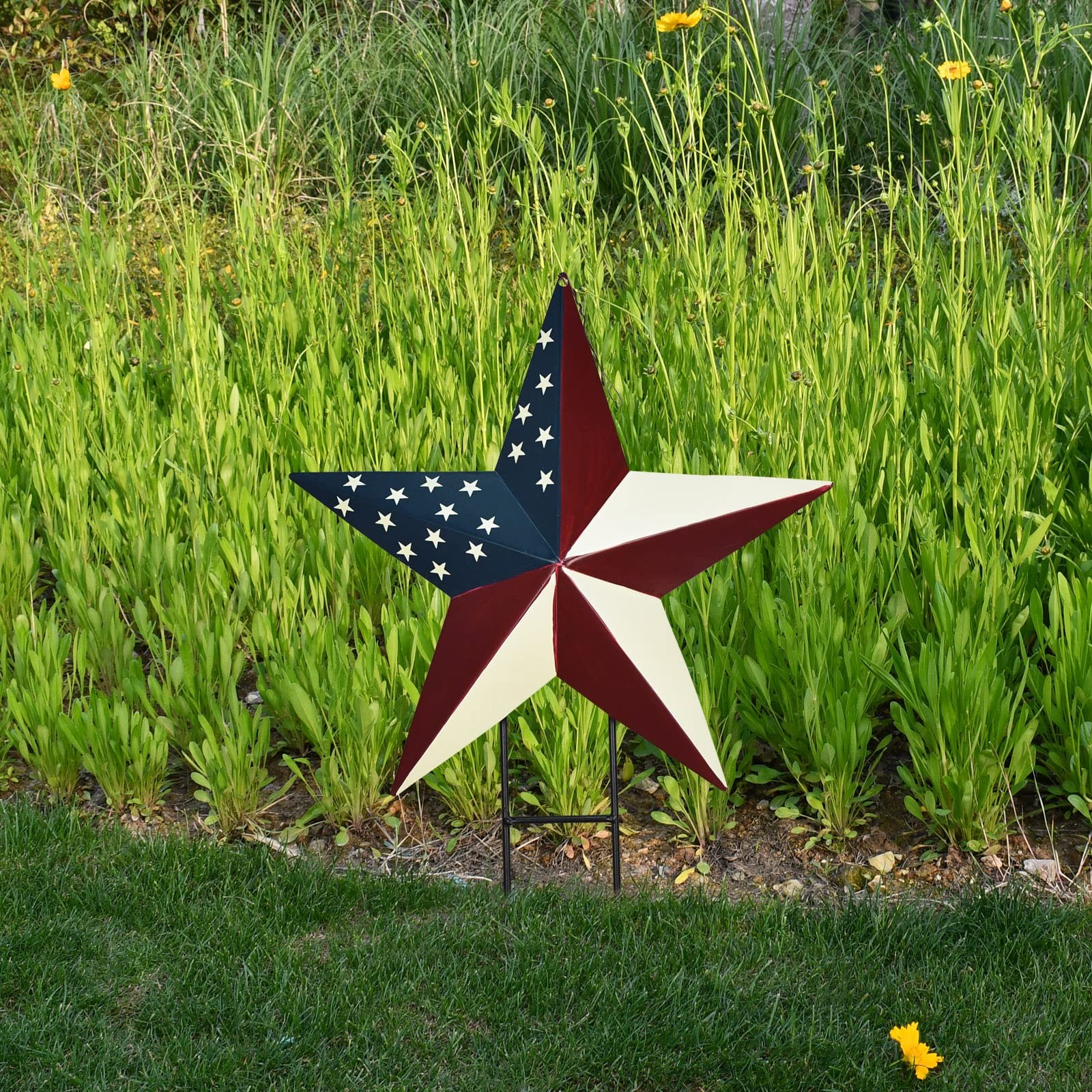Metal Barn Star Yard Sign Patriotic Garden Stakes Hanging Ornament with Stake…