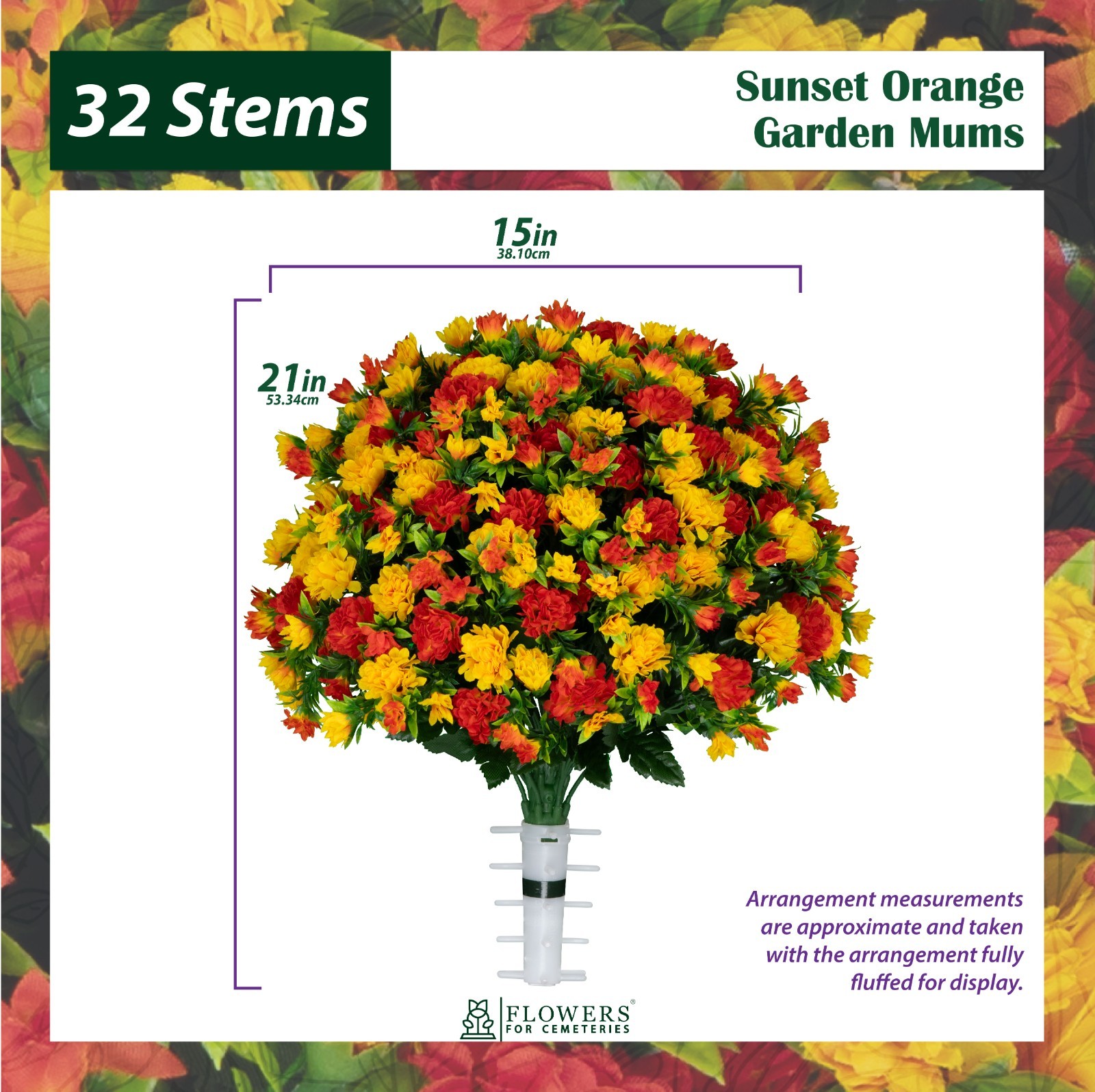 Artificial Cemetery Flowers – Sunset Orange Garden Mums Saddle and 2 Bouquets