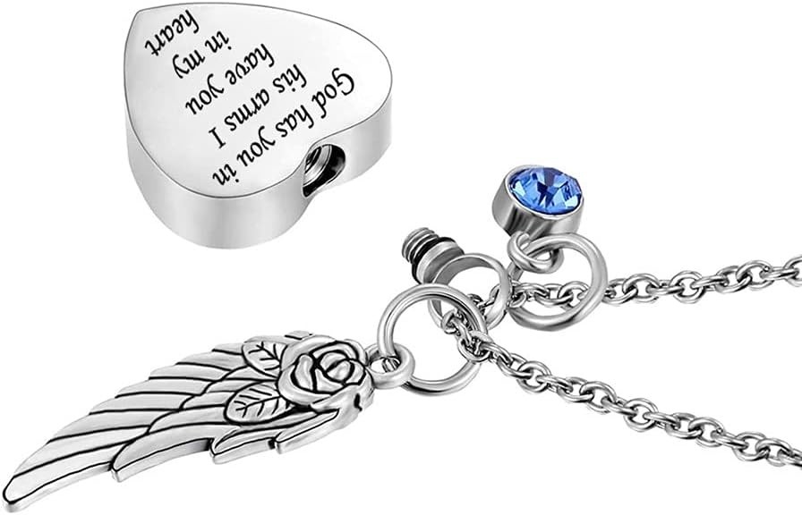 Angel Wing Charm Cremation Ashes Necklace – Heart Pearl & Birthstone Keepsake