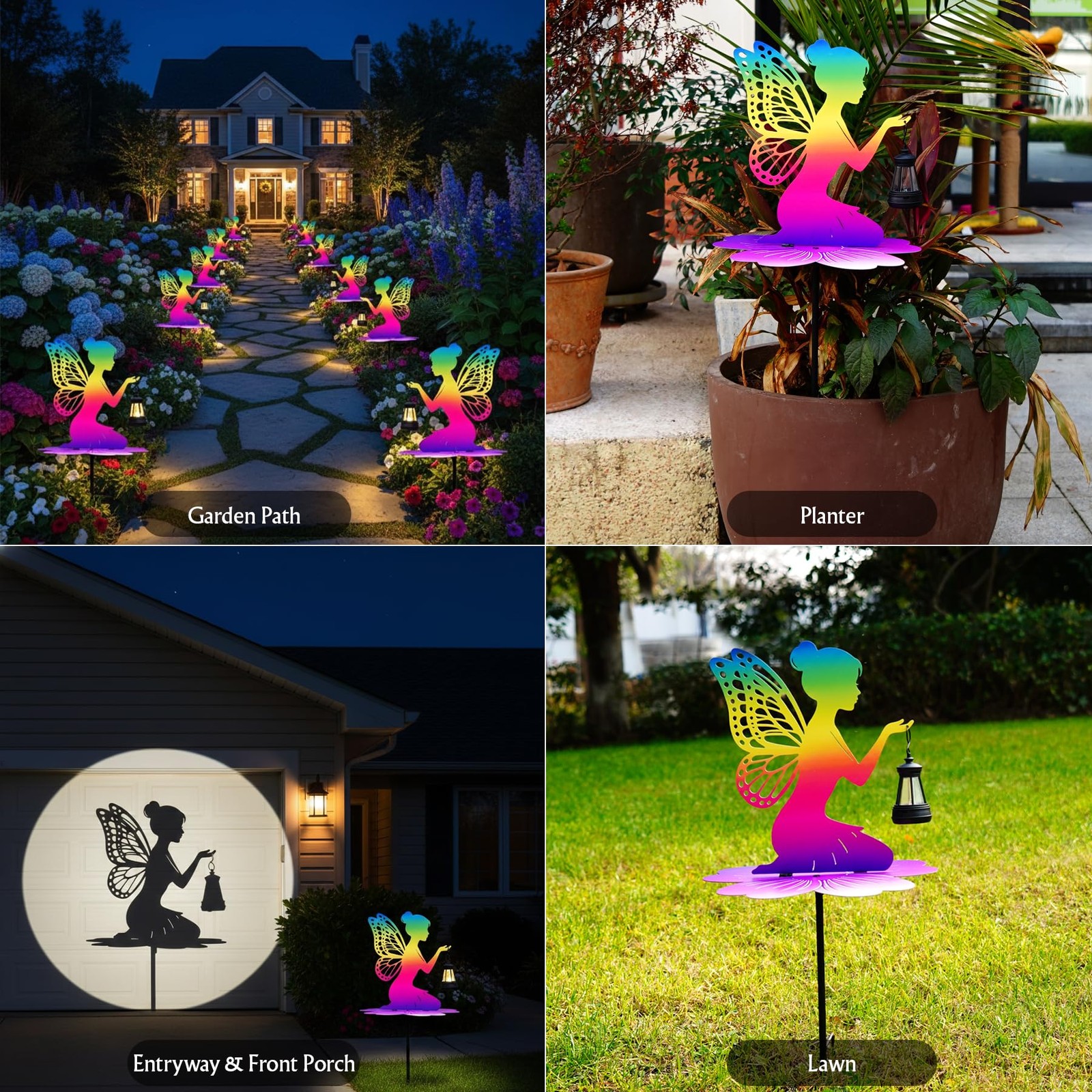 Iridescent Solar Fairy Garden Stake 21″ LED Lantern for Outdoor Decor