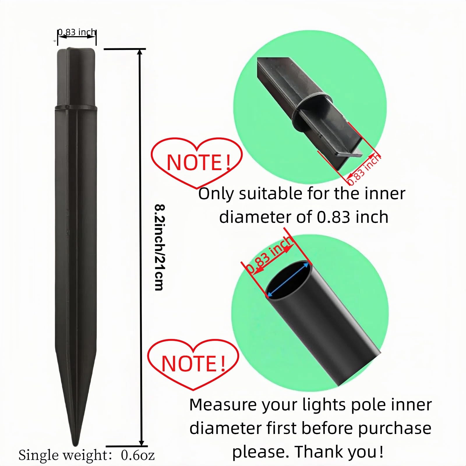 Durable 8.25″ Black ABS Solar Ground Spike for Garden/Path/Deck (0.83″ ID)