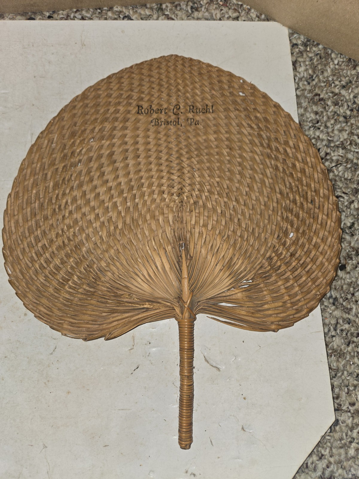 3 Vintage 50s/60s Funeral Home Fans,Foster Chester,Ruehl Bristol,Woven Palm Leaf