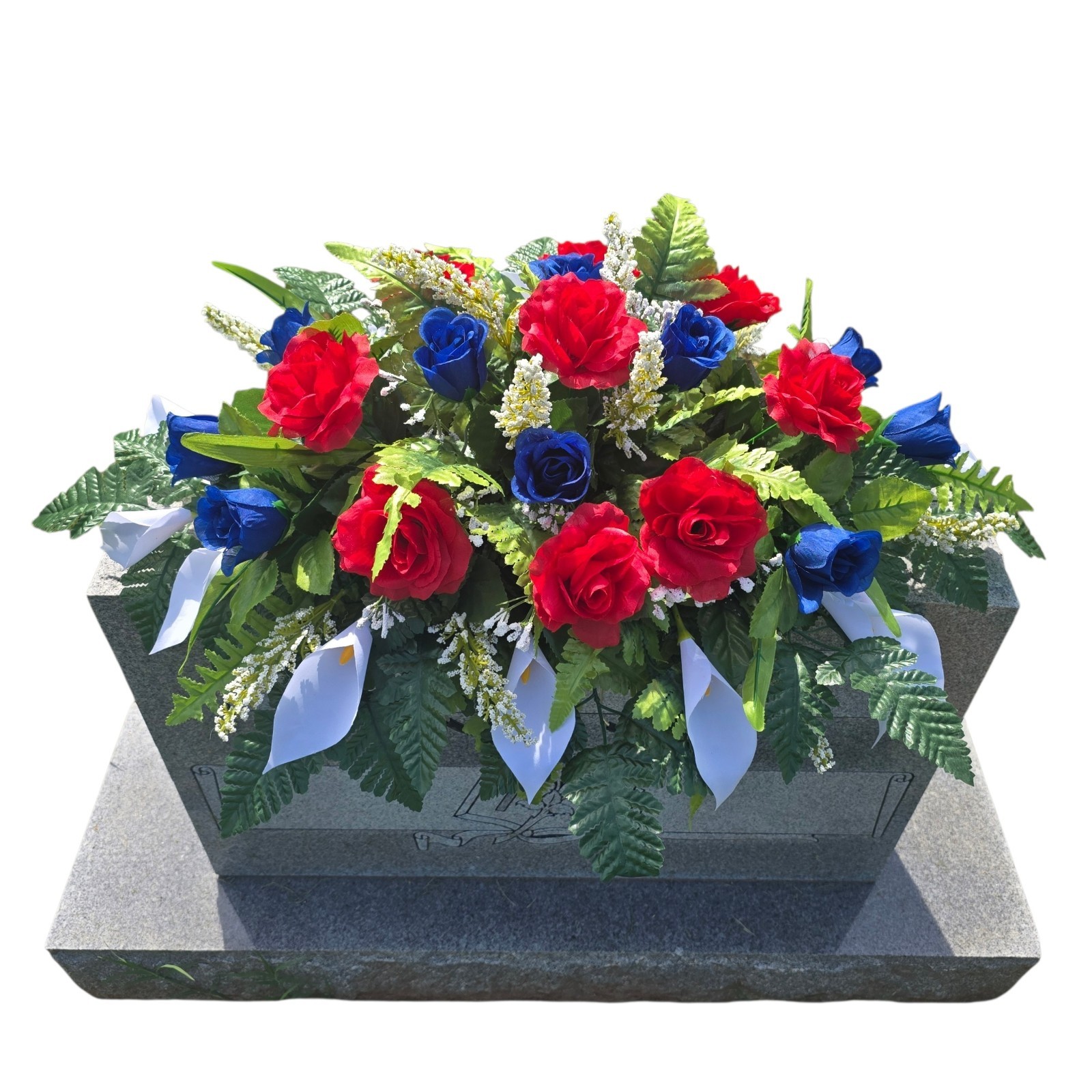 Patriotic Cemetery Headstone saddle Red and Blue roses with White Calla Lillies