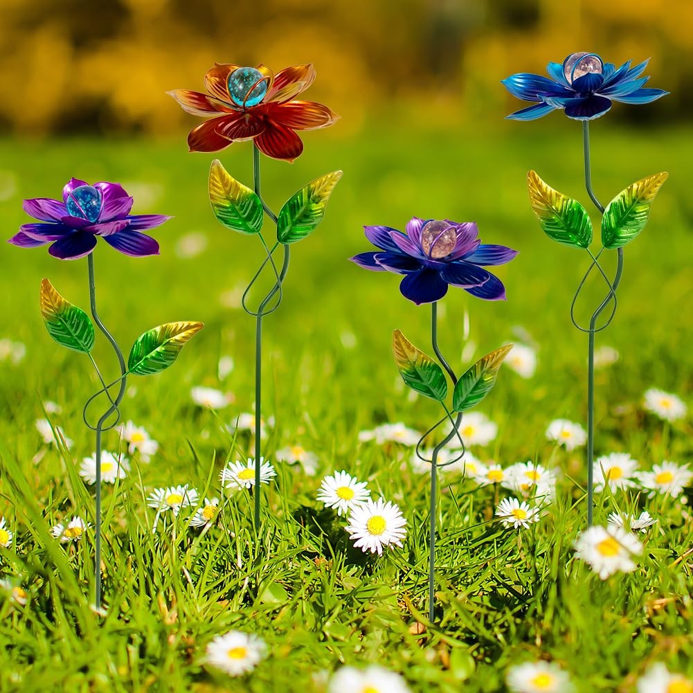 4 Pack Metal Flower Garden Stakes for Outdoor Patio and Lawn Decor