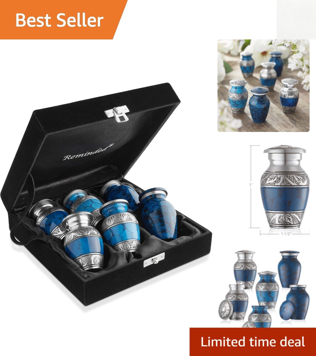 Set of 6 Mini Blue & Silver Cremation Urns with Velvet Case – Timeless Keepsakes