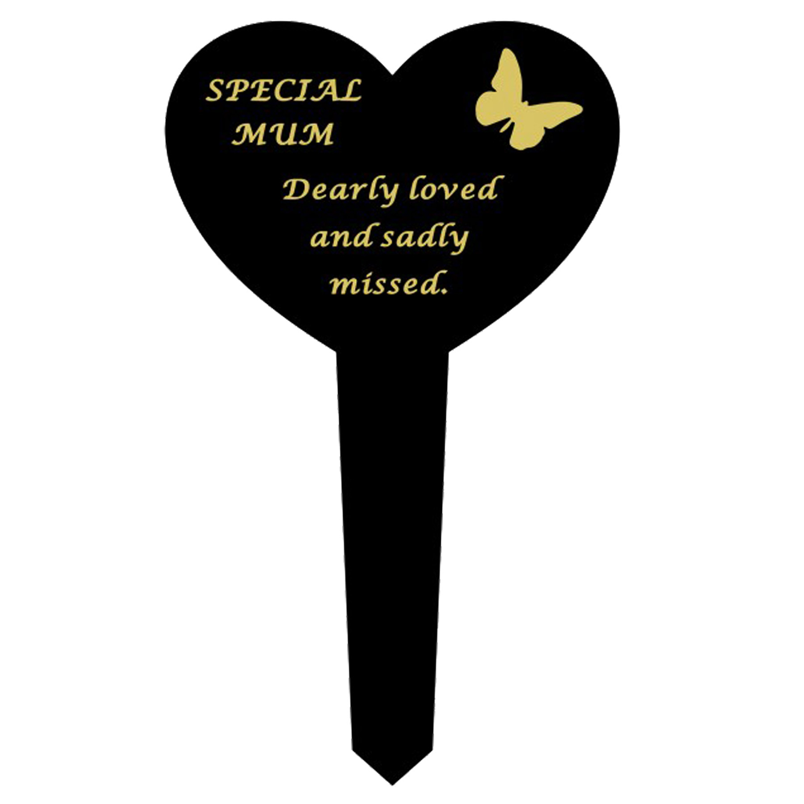 Black Plastic Heart Graveside Stake with Gold Wording – Mum